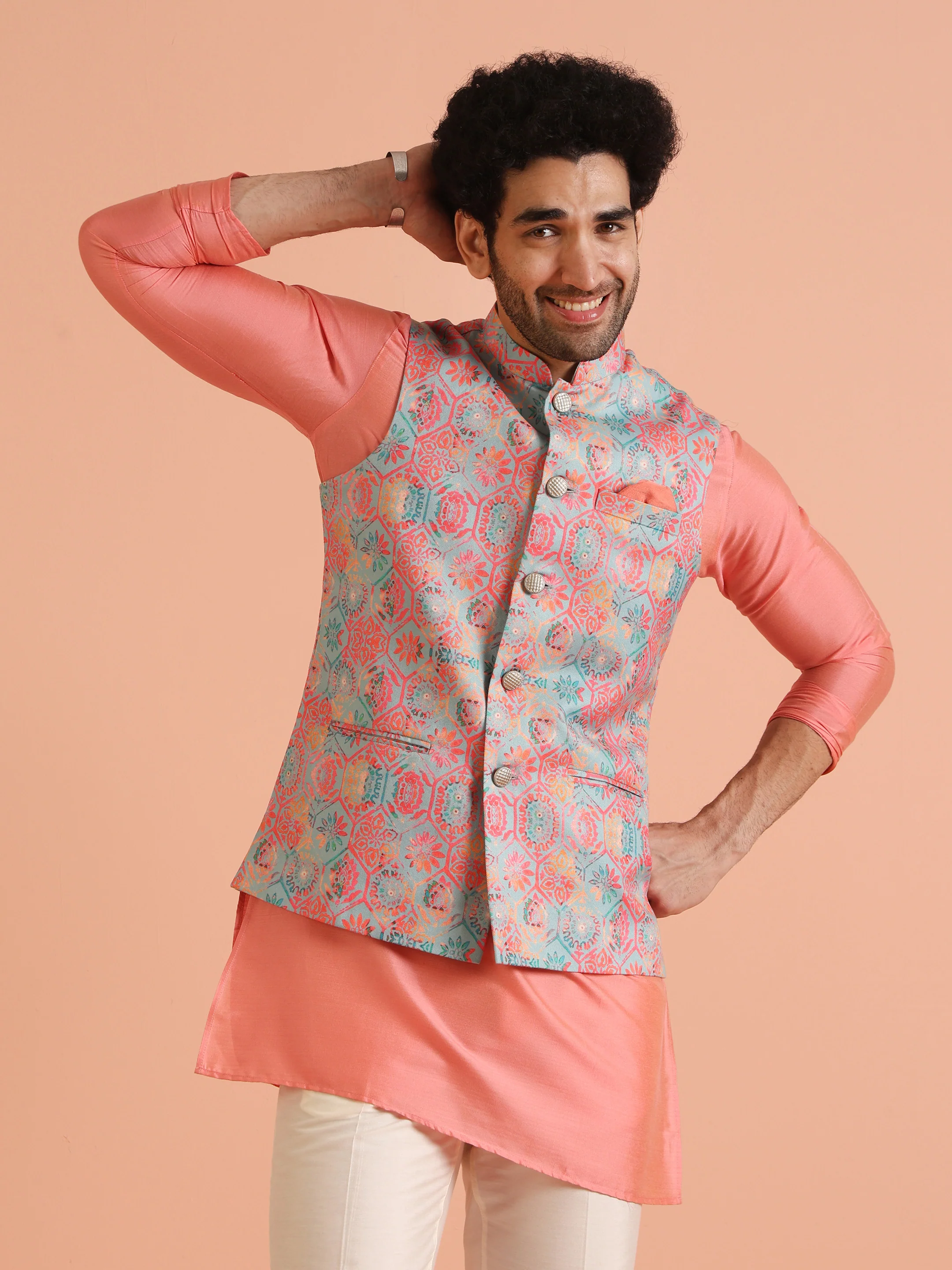 Multicolor Printed Silk Blend Nehru Jacket - Image 2