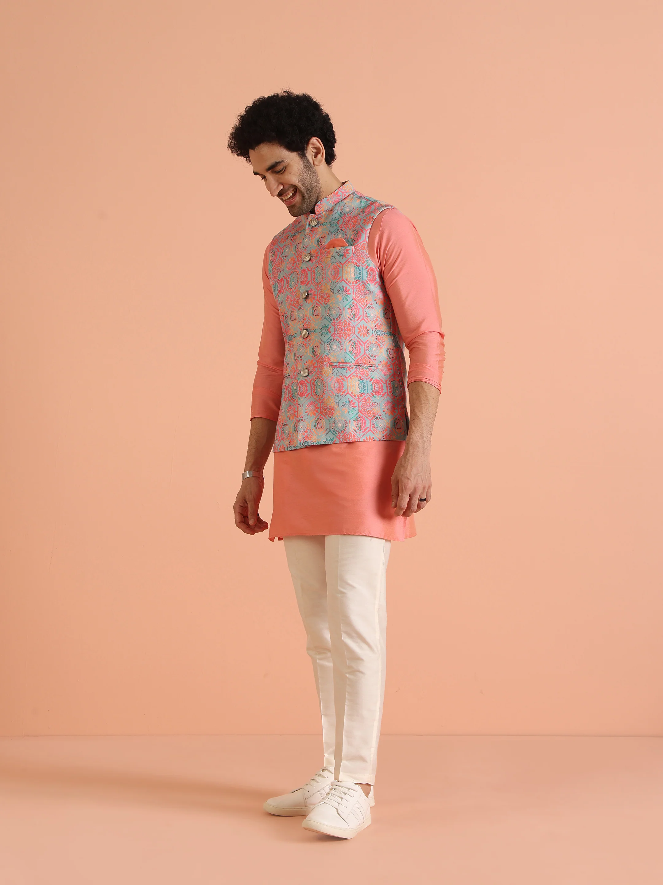 Multicolor Printed Silk Blend Nehru Jacket - Image 5