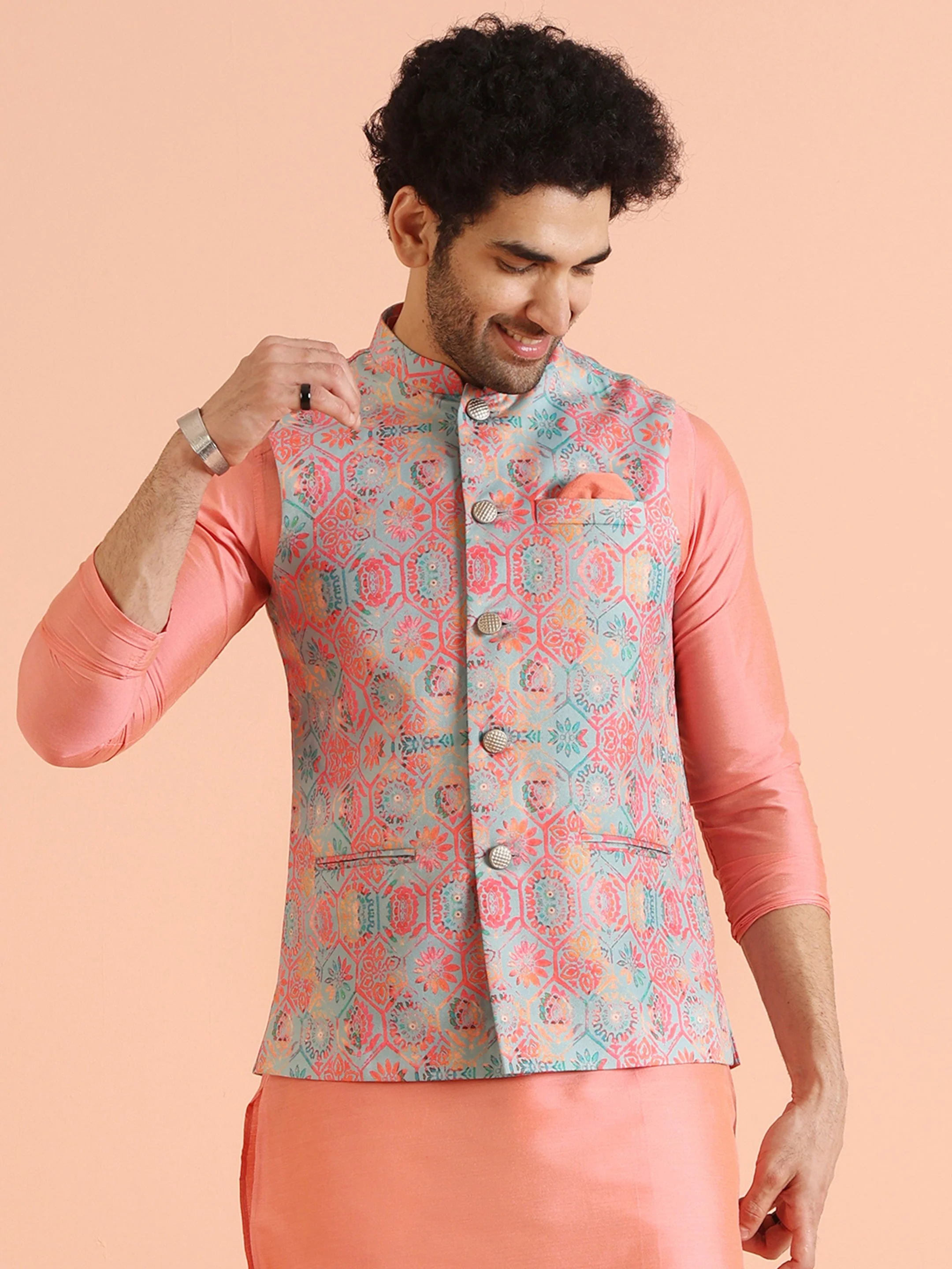 Multicolor Printed Silk Blend Nehru Jacket - Image 8