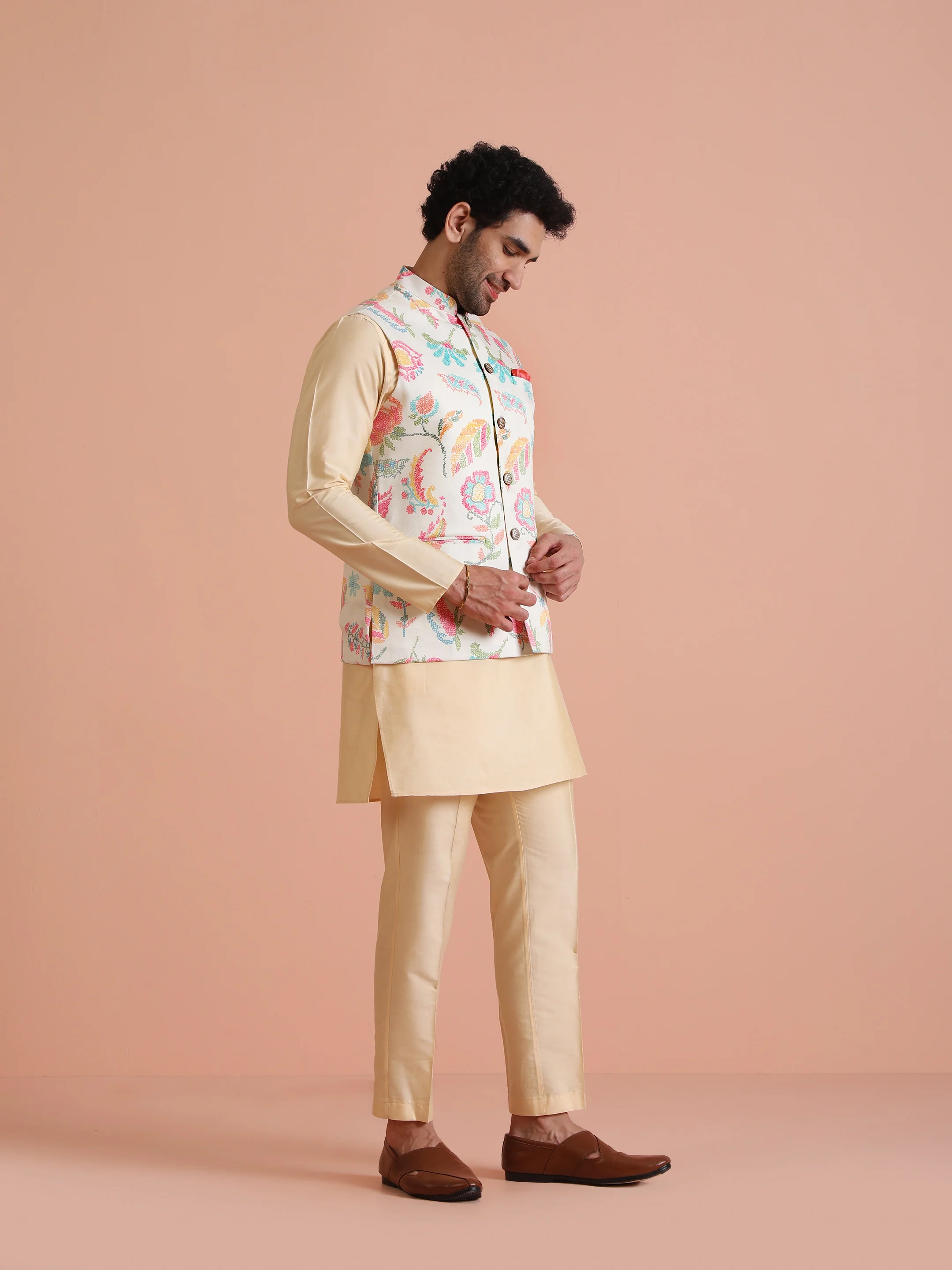 Cream Silk Blend Multicolor Floral Printed Nehru Jacket - Image 3