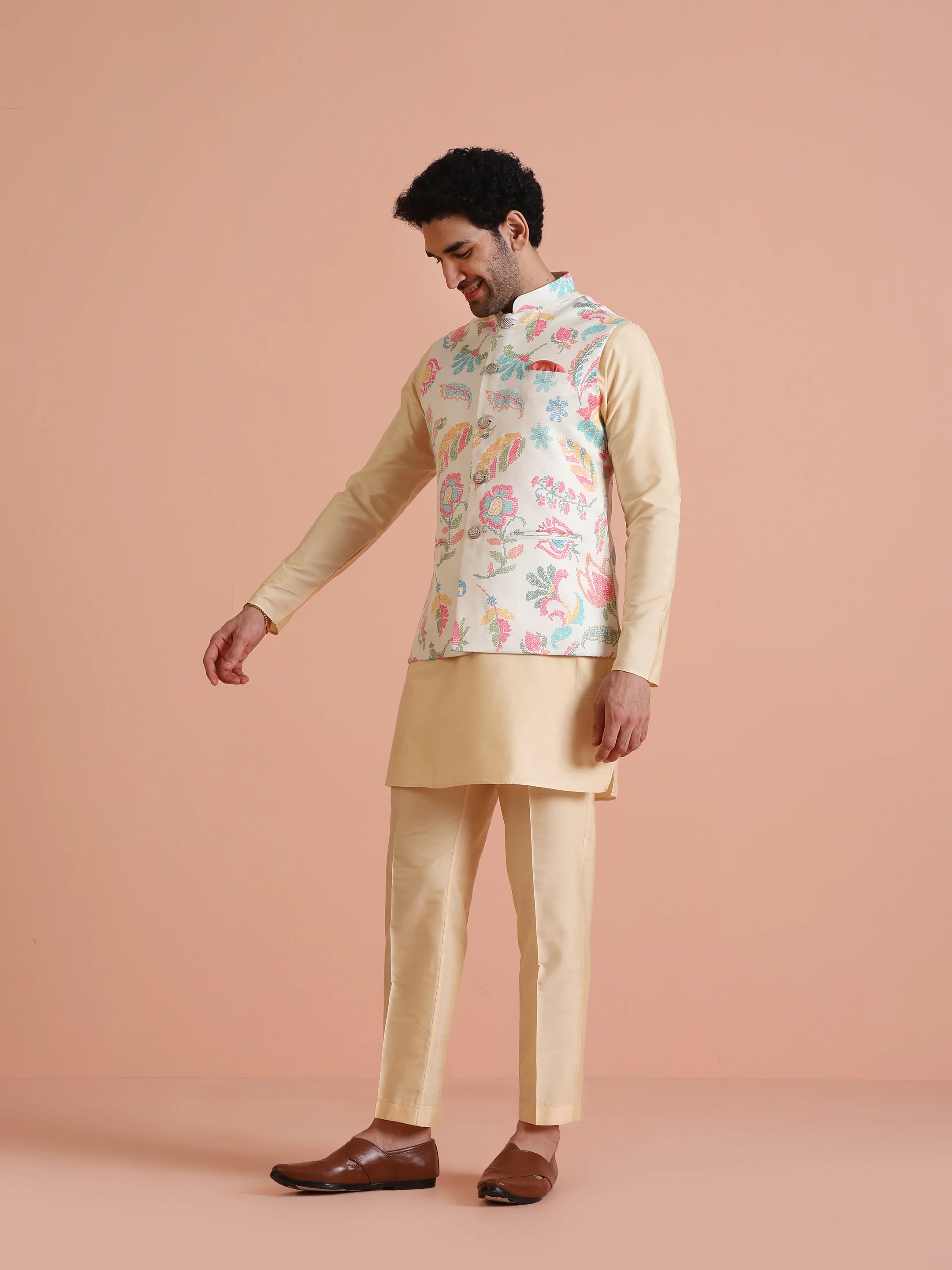Cream Silk Blend Multicolor Floral Printed Nehru Jacket - Image 4
