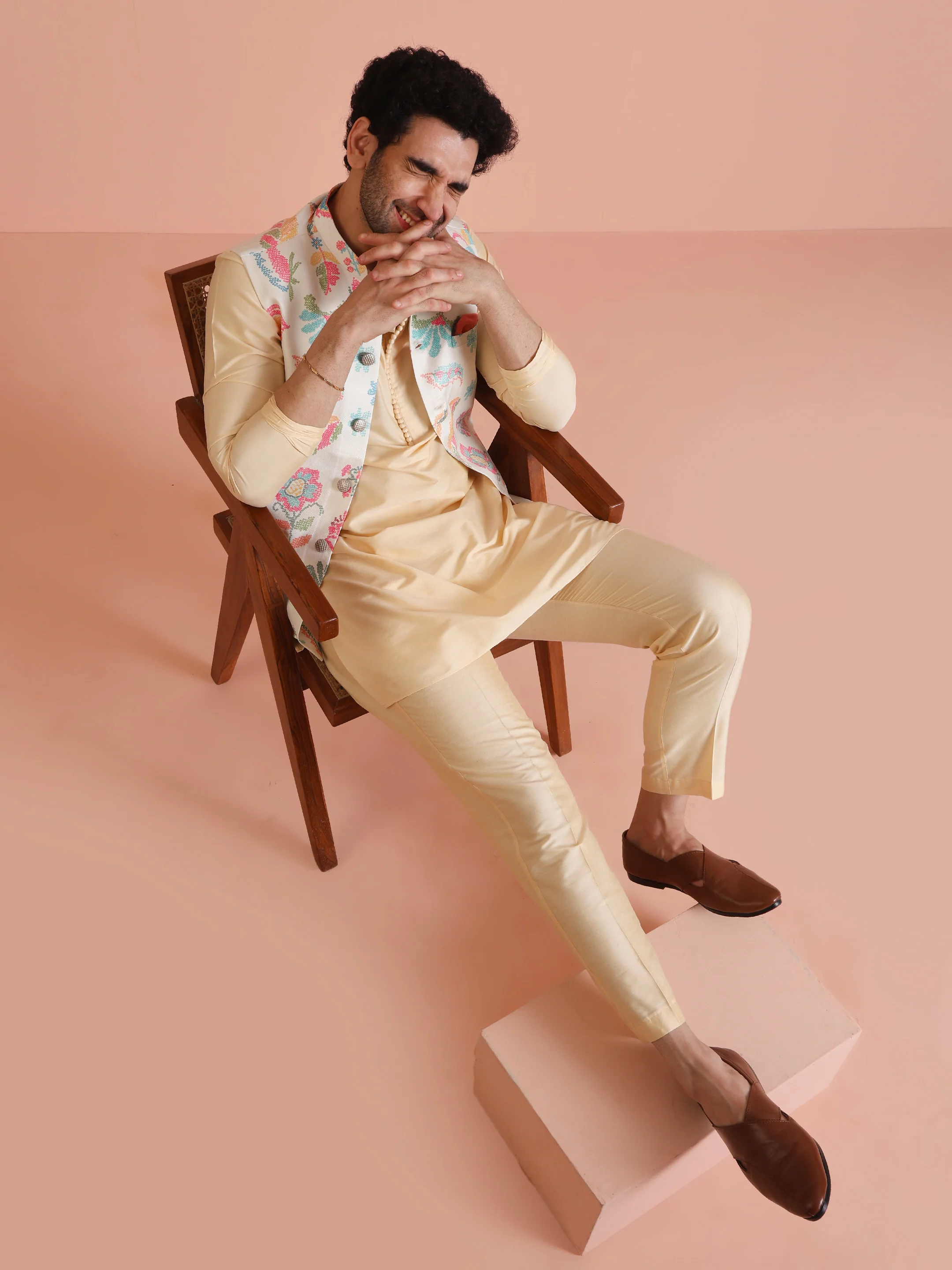 Cream Silk Blend Multicolor Floral Printed Nehru Jacket - Image 7