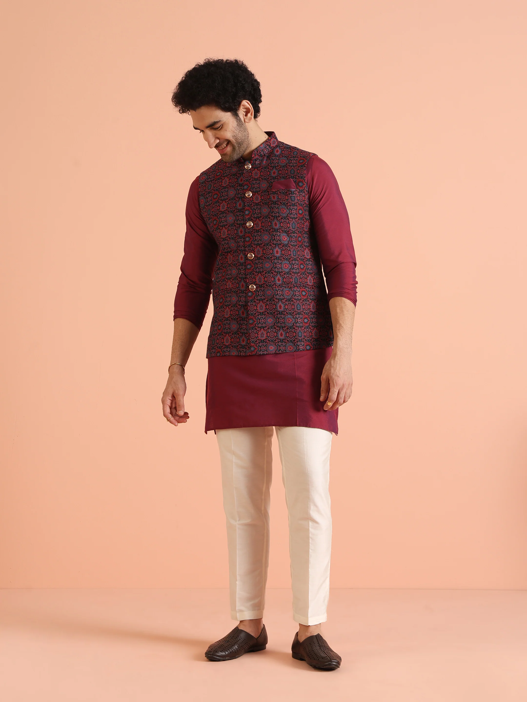 Black Maroon Woven Nehru Jacket - Image 3
