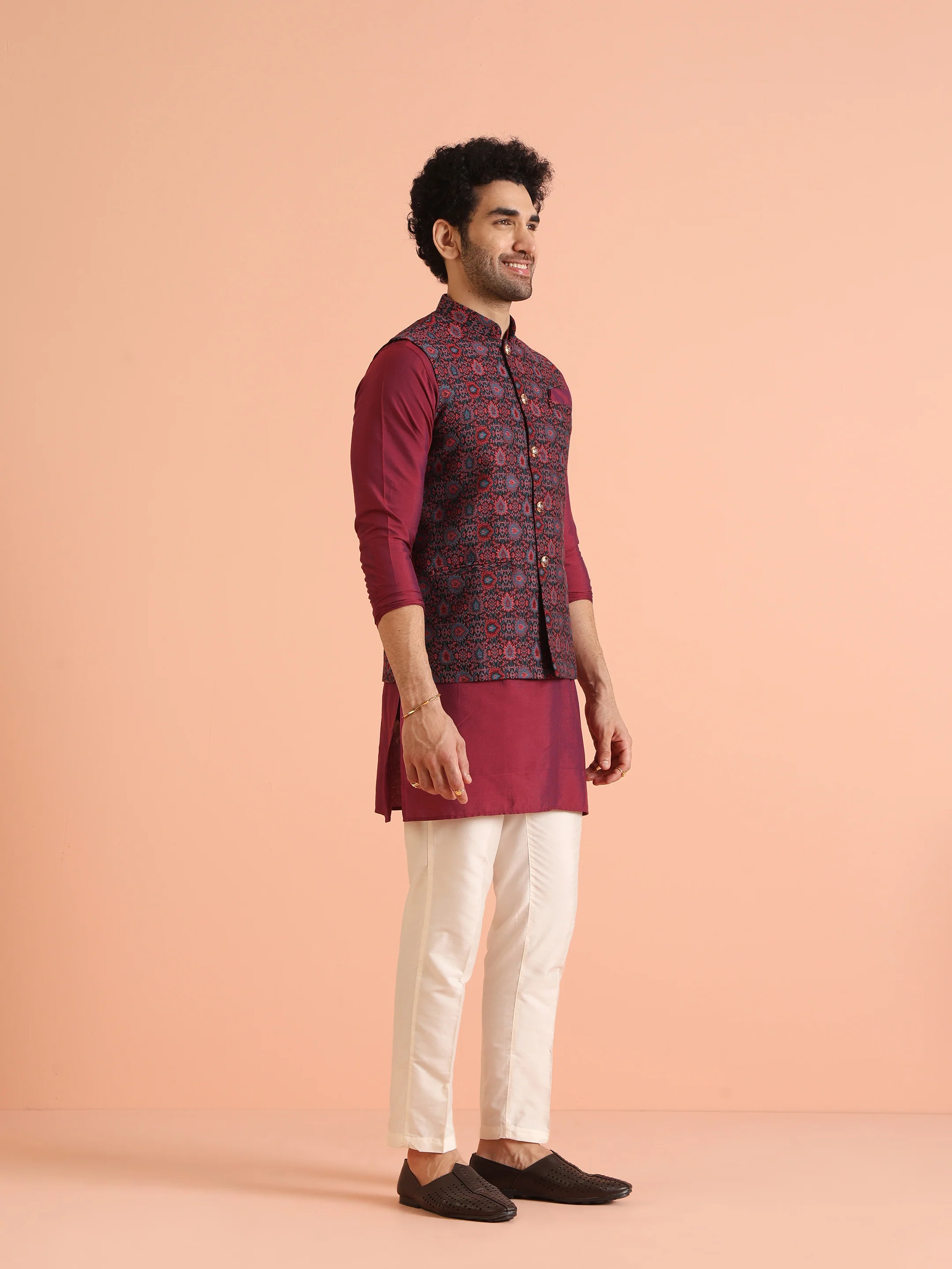 Black Maroon Woven Nehru Jacket - Image 4