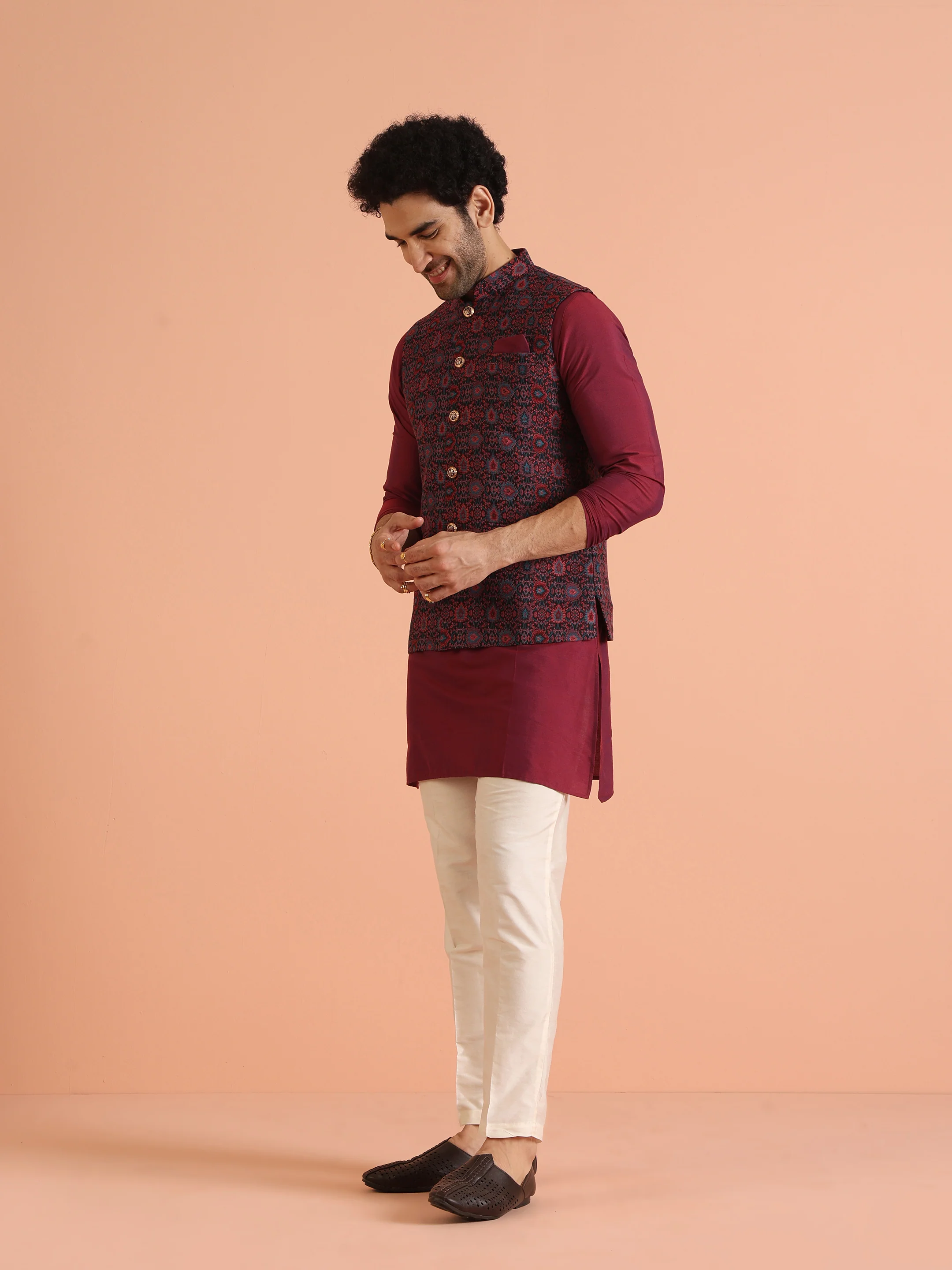 Black Maroon Woven Nehru Jacket - Image 5