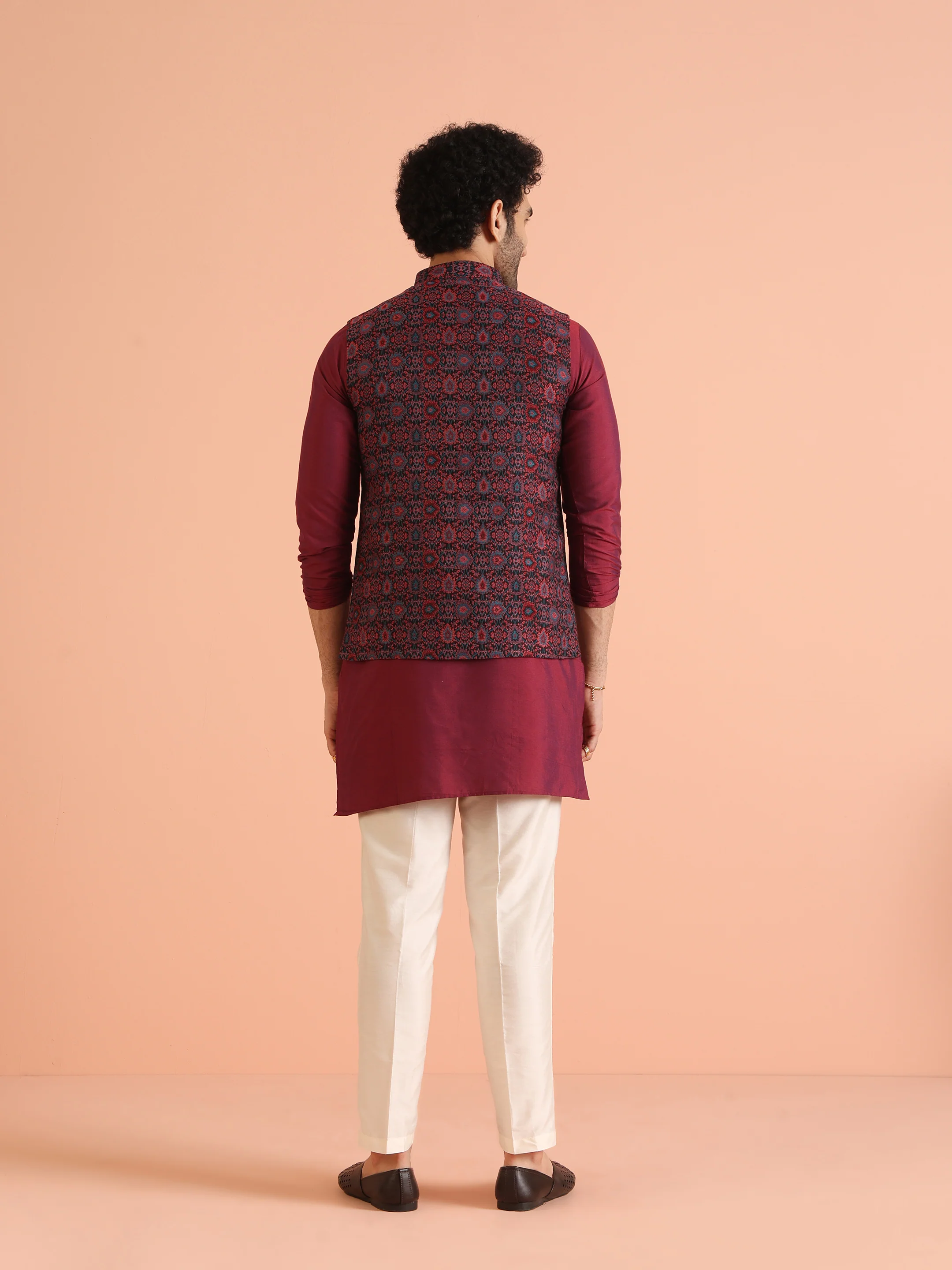 Black Maroon Woven Nehru Jacket - Image 6