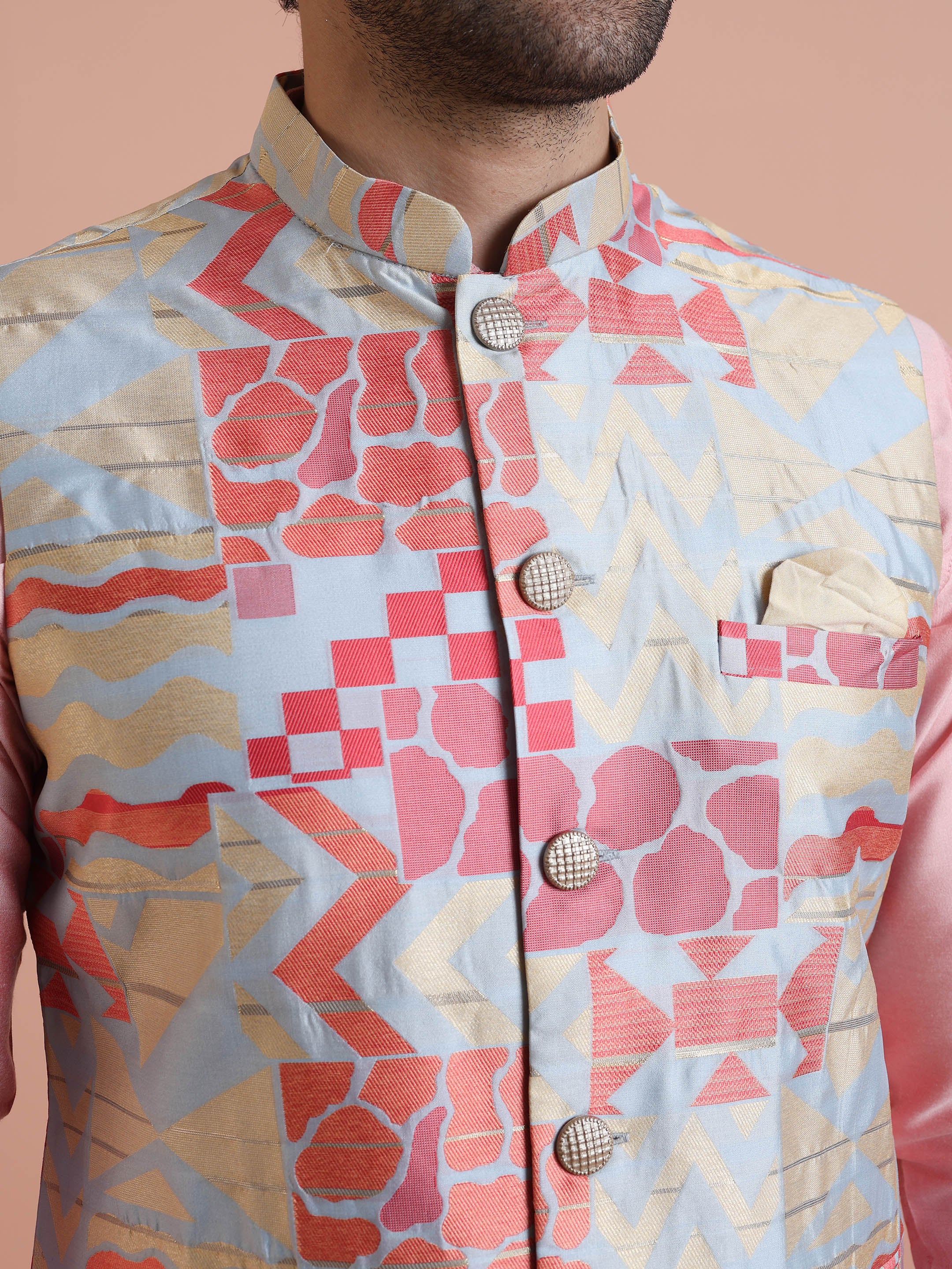 Multi Cotton Silk Geometric Printed Nehru Jacket - Image 2