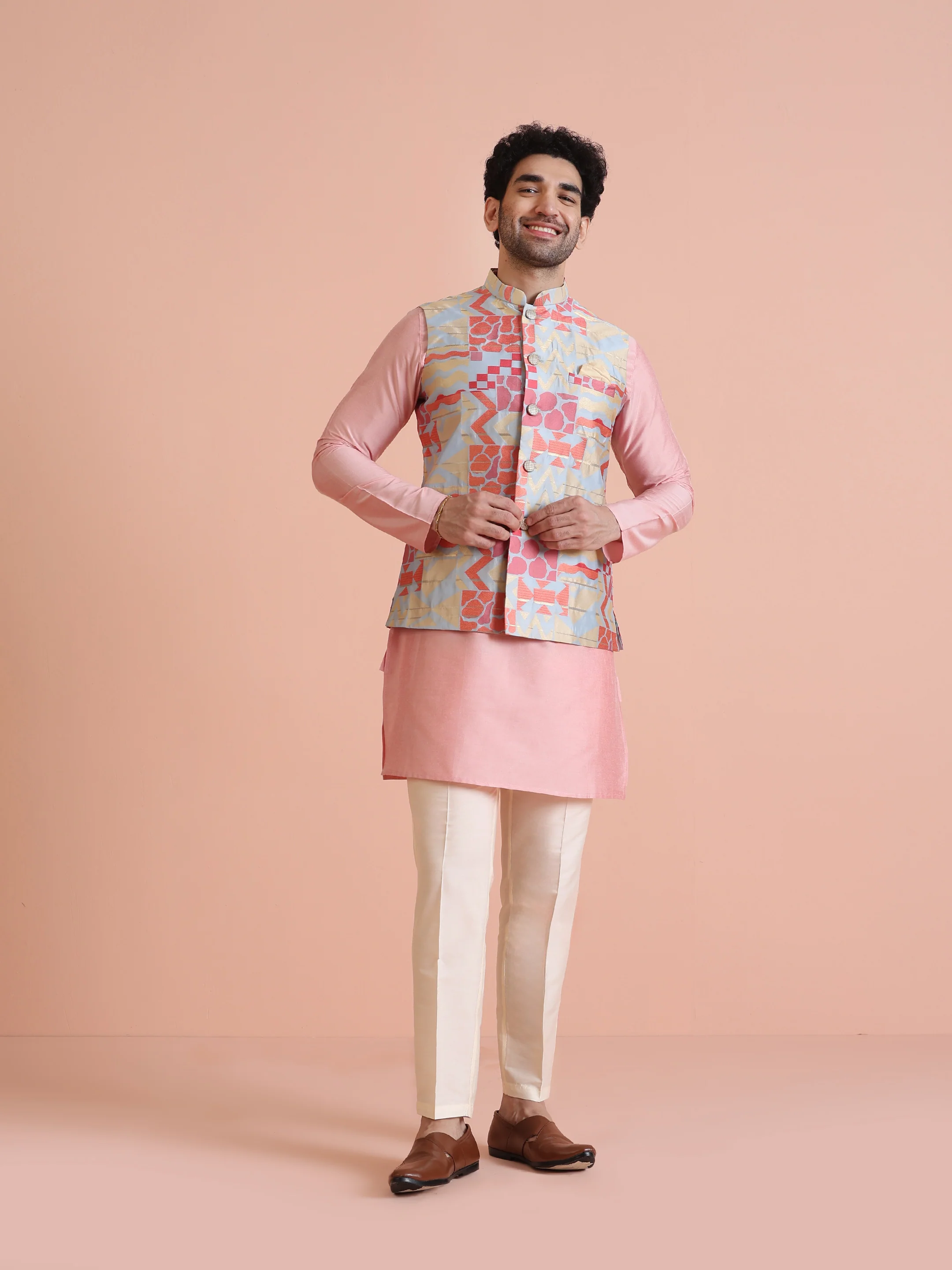 Multi Cotton Silk Geometric Printed Nehru Jacket - Image 6