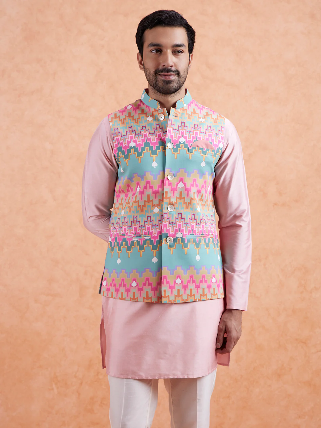 Pastel Multi Cotton Silk Geometric Nehru Jacket - Image 2