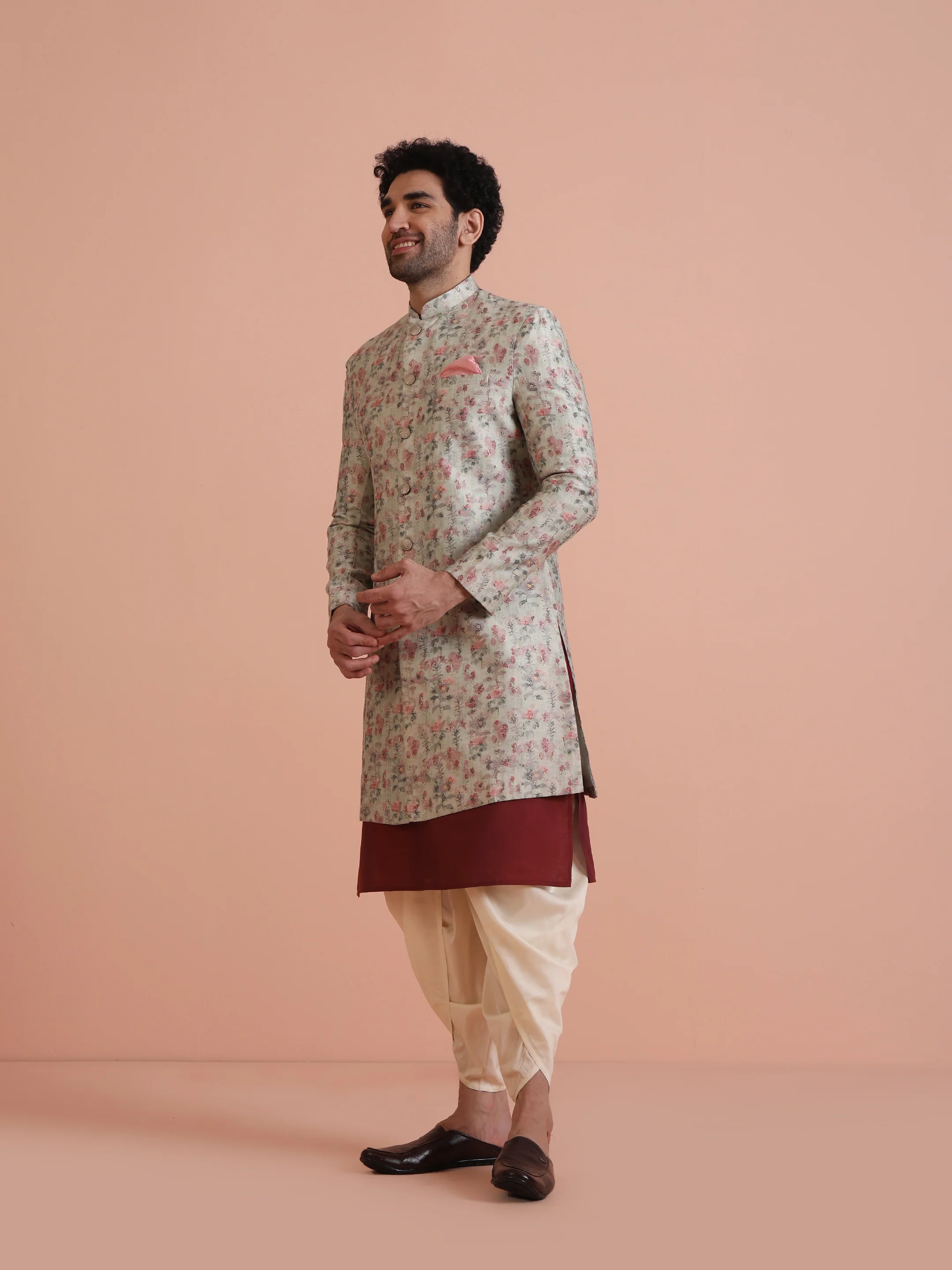 Cream Floral Silk Blend Sherwani Dhoti Set - Image 2