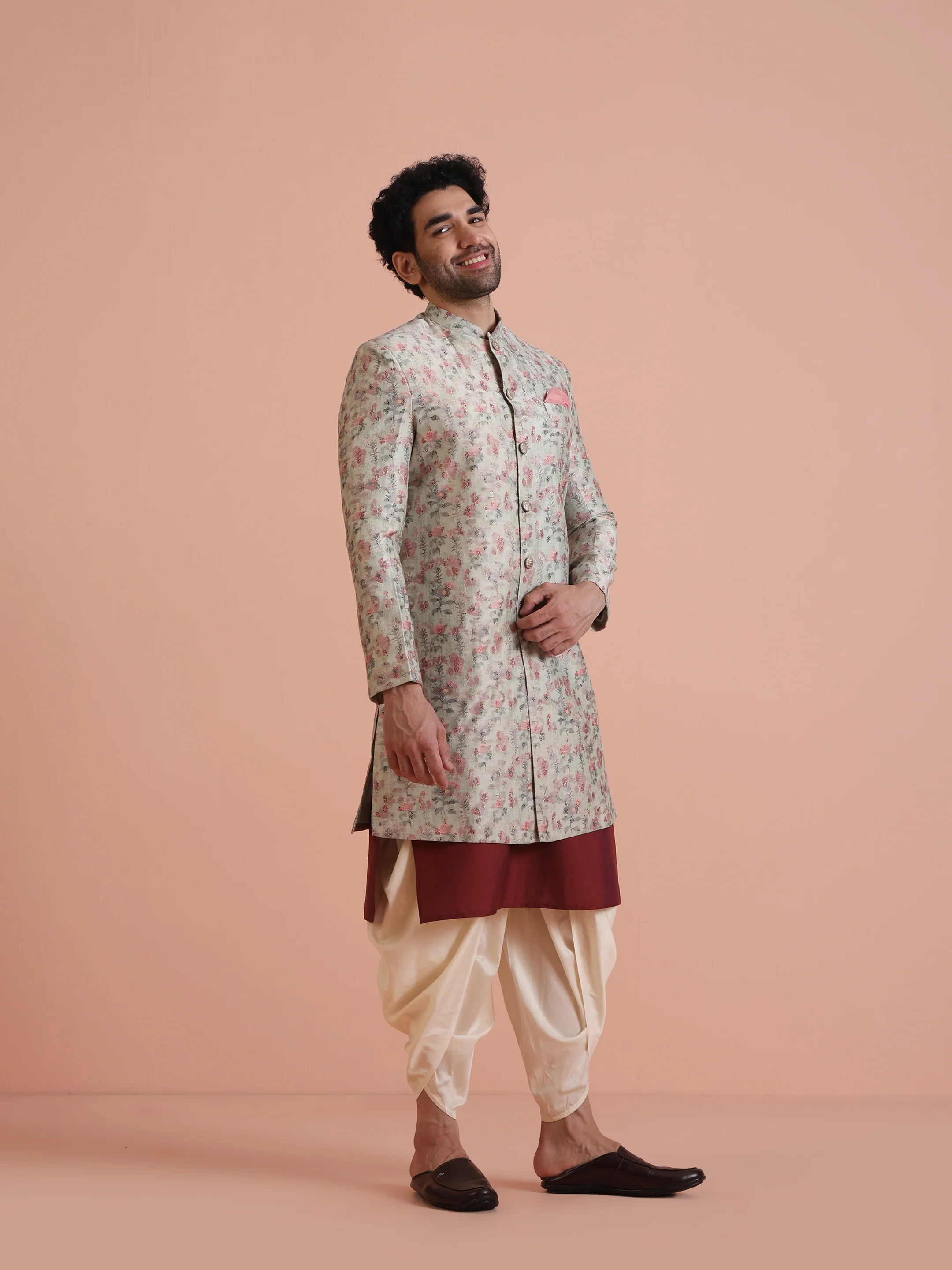 Cream Floral Silk Blend Sherwani Dhoti Set - Image 3