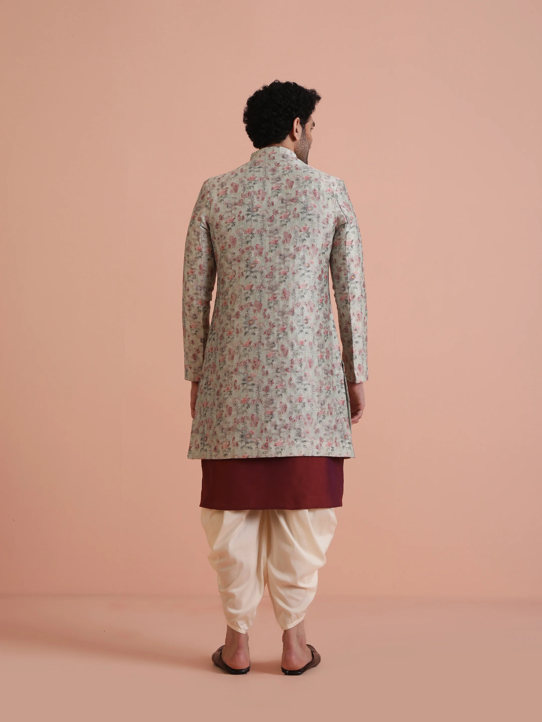 Cream Floral Silk Blend Sherwani Dhoti Set - Image 4