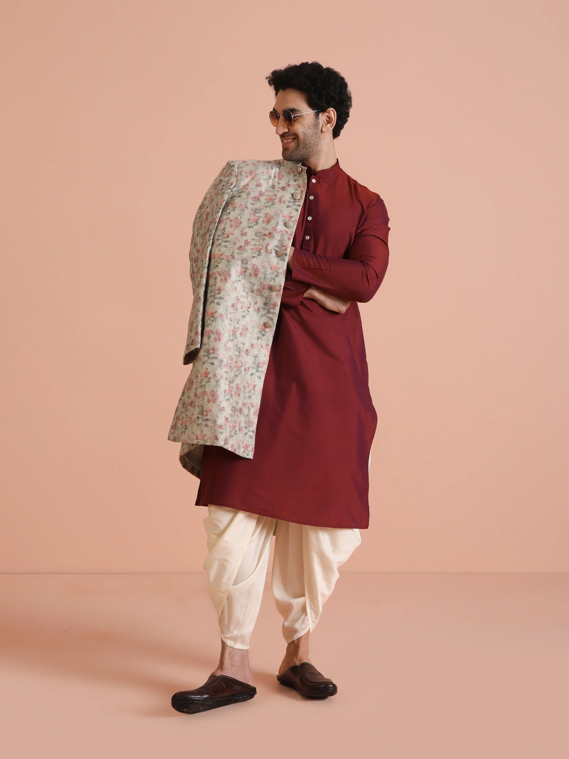 Cream Floral Silk Blend Sherwani Dhoti Set - Image 8