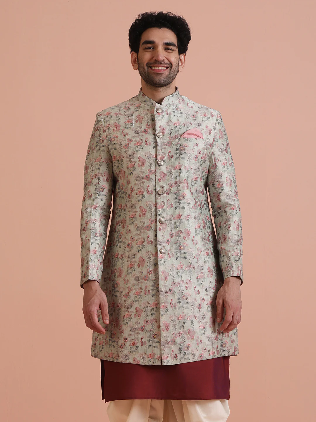Cream Floral Silk Blend Sherwani Dhoti Set - Image 9
