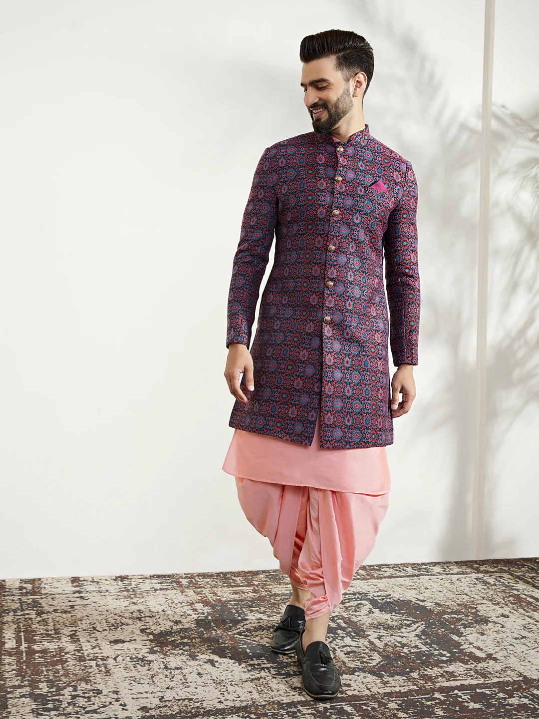 Men Multi Coloured Textured Kurta Indowestern Dhoti Set - Image 2