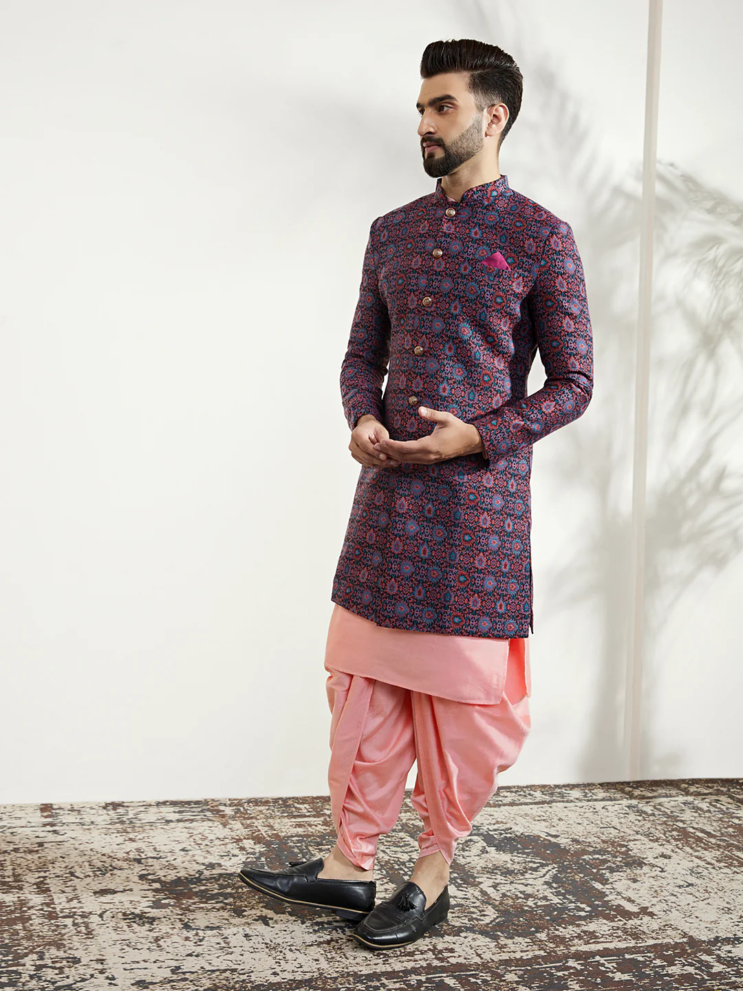 Men Multi Coloured Textured Kurta Indowestern Dhoti Set - Image 4