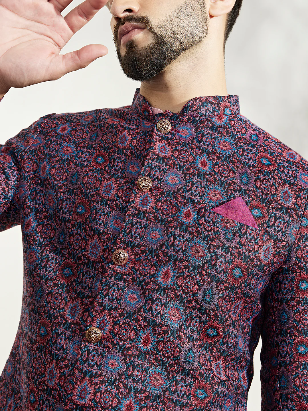 Men Multi Coloured Textured Kurta Indowestern Dhoti Set - Image 7