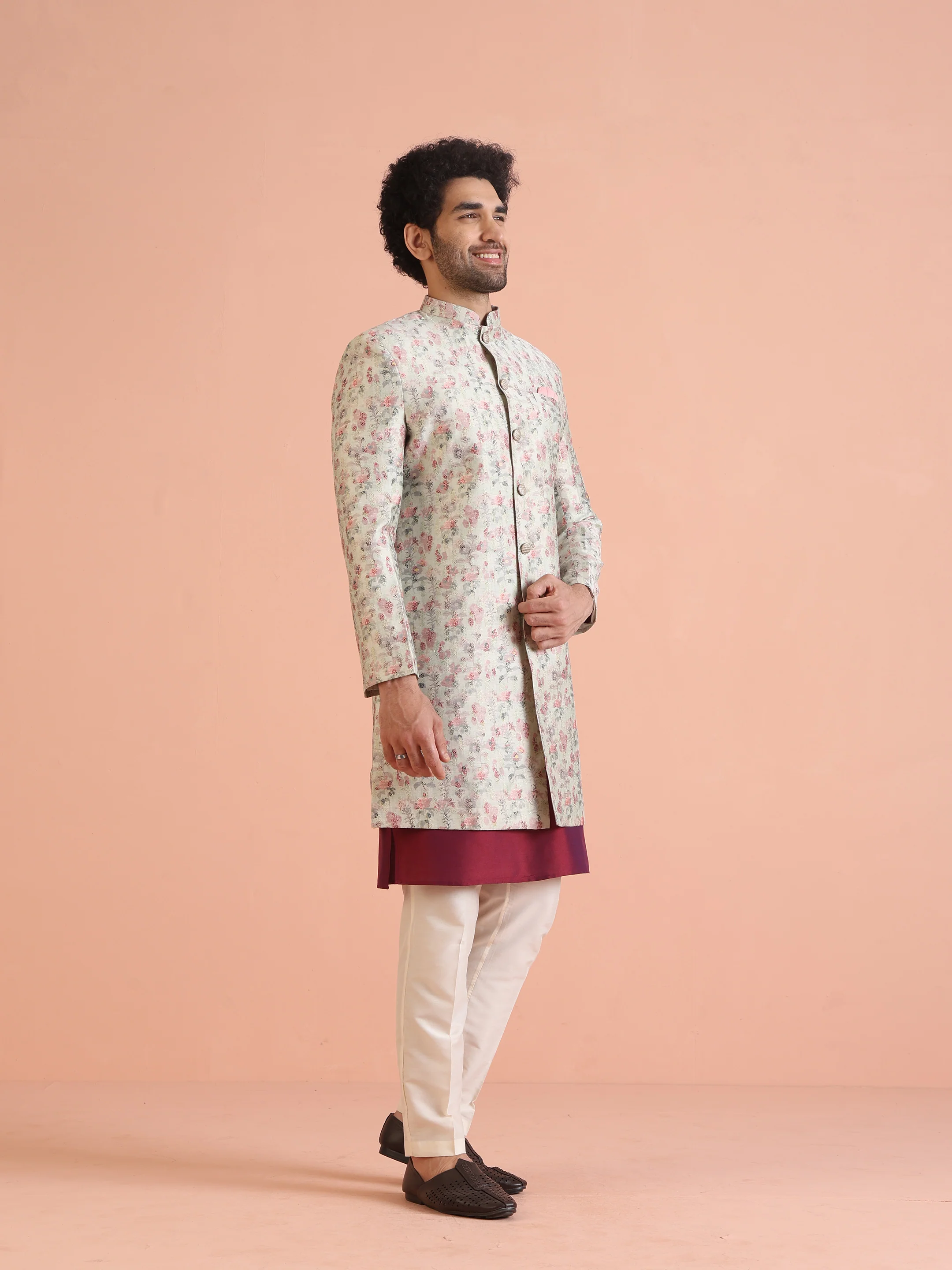 Cream Silk Blend Floral Sherwani with Kurta Trouser - Image 3