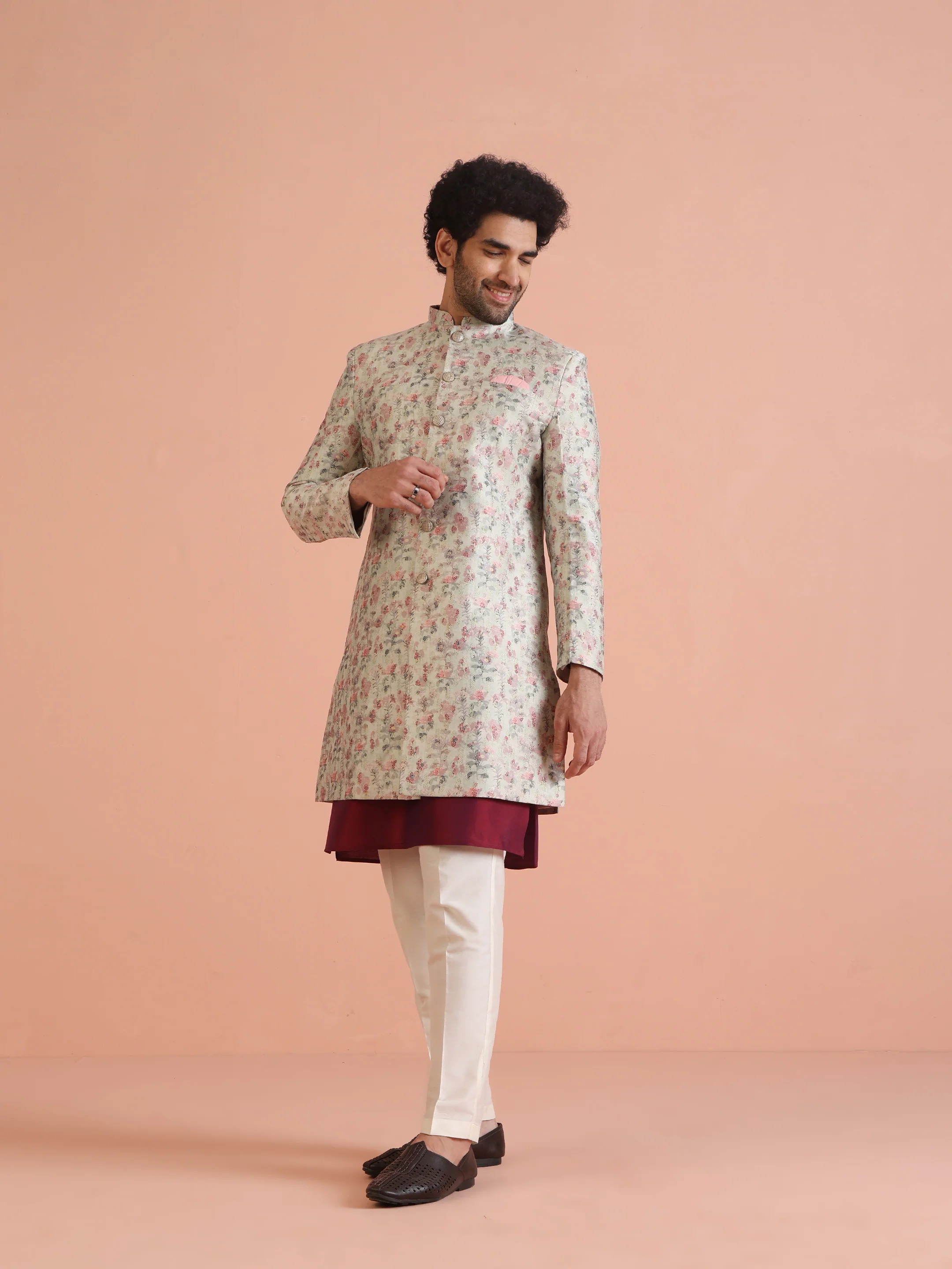 Cream Silk Blend Floral Sherwani with Kurta Trouser - Image 4