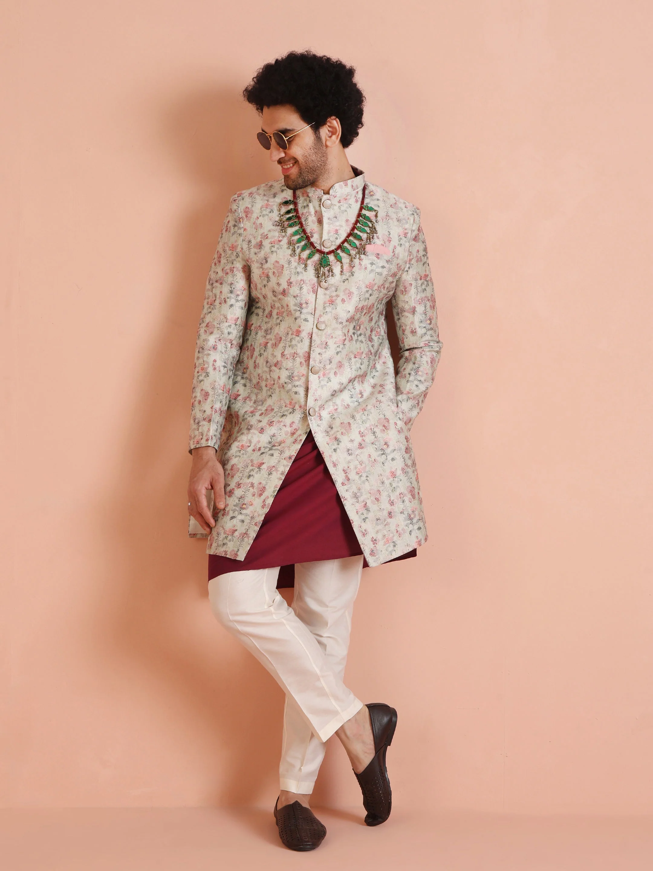 Cream Silk Blend Floral Sherwani with Kurta Trouser - Image 9