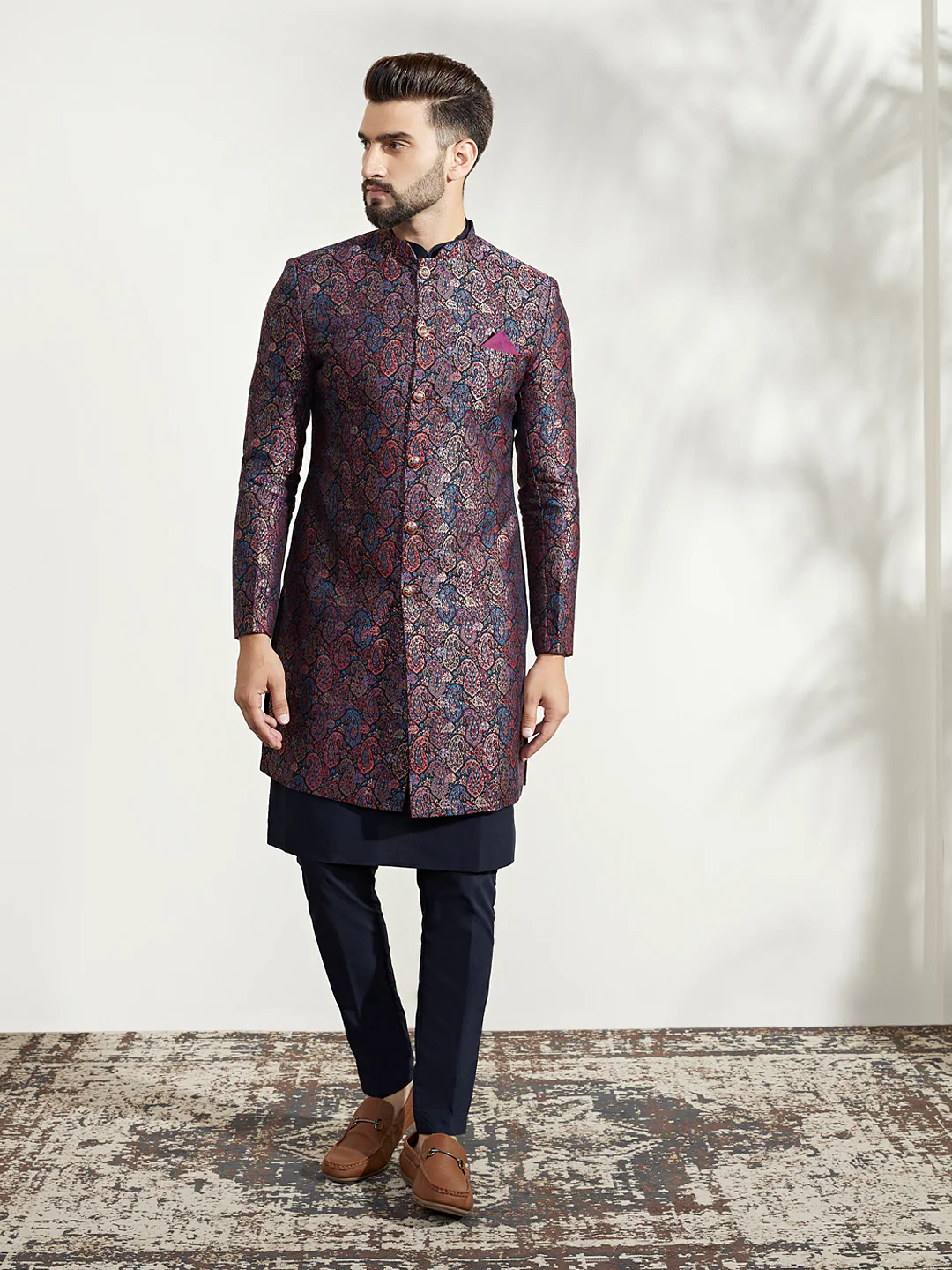 Navy Blue Silk Blend Indo-Western Sherwani Set with Jacquard Jacket, Kurta and Trousers – Regal Festive Ensemble