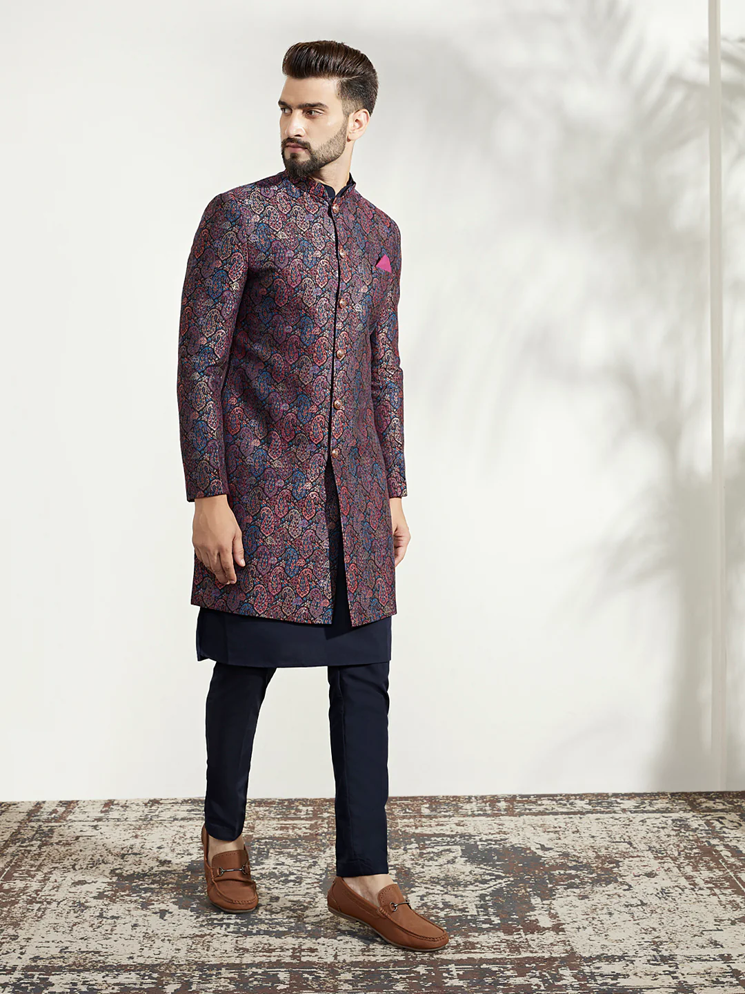 Navy Blue Silk Blend Indo-Western Sherwani Set with Jacquard Jacket, Kurta and Trousers – Regal Festive Ensemble - Image 2