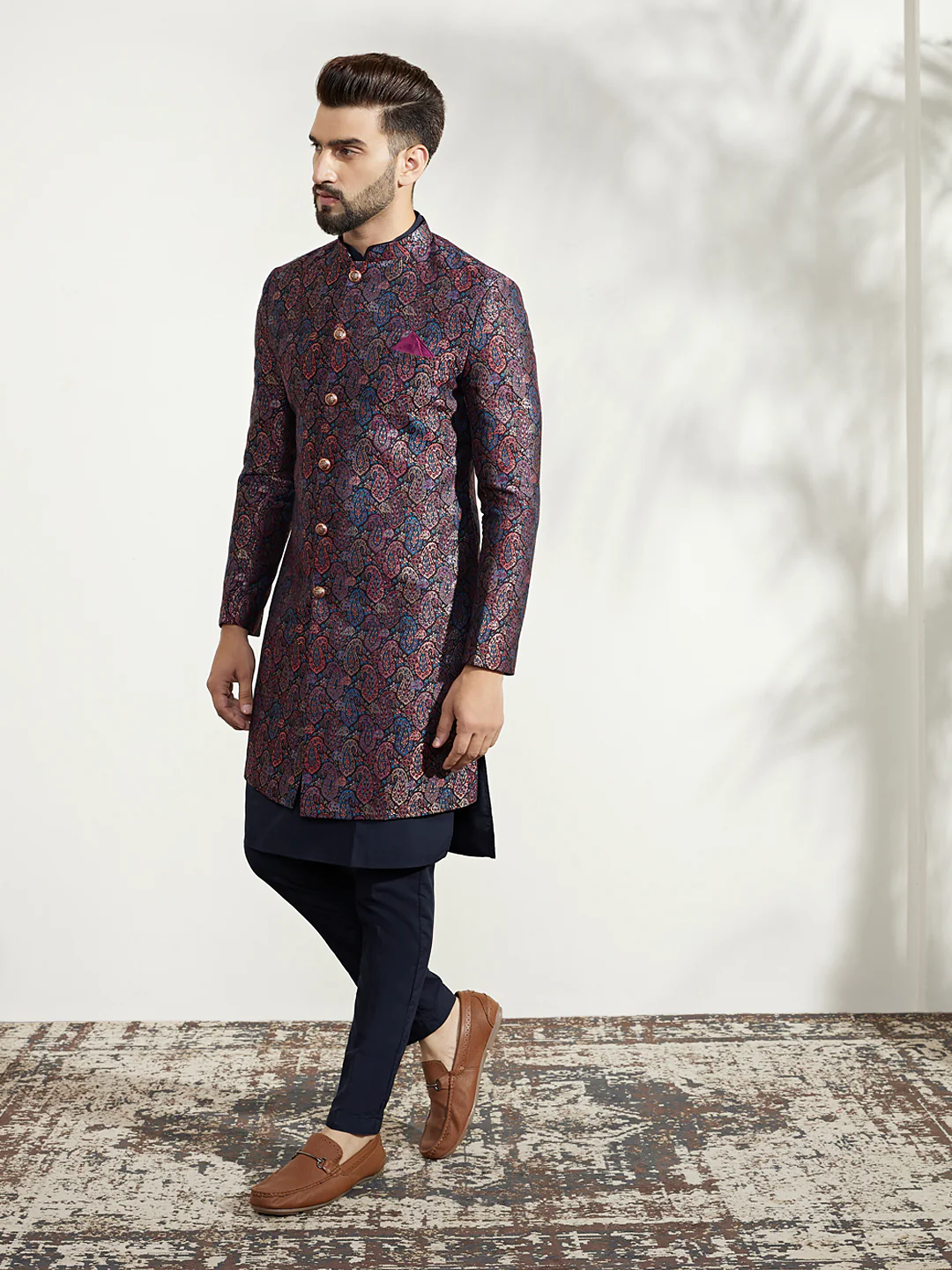 Navy Blue Silk Blend Indo-Western Sherwani Set with Jacquard Jacket, Kurta and Trousers – Regal Festive Ensemble - Image 3