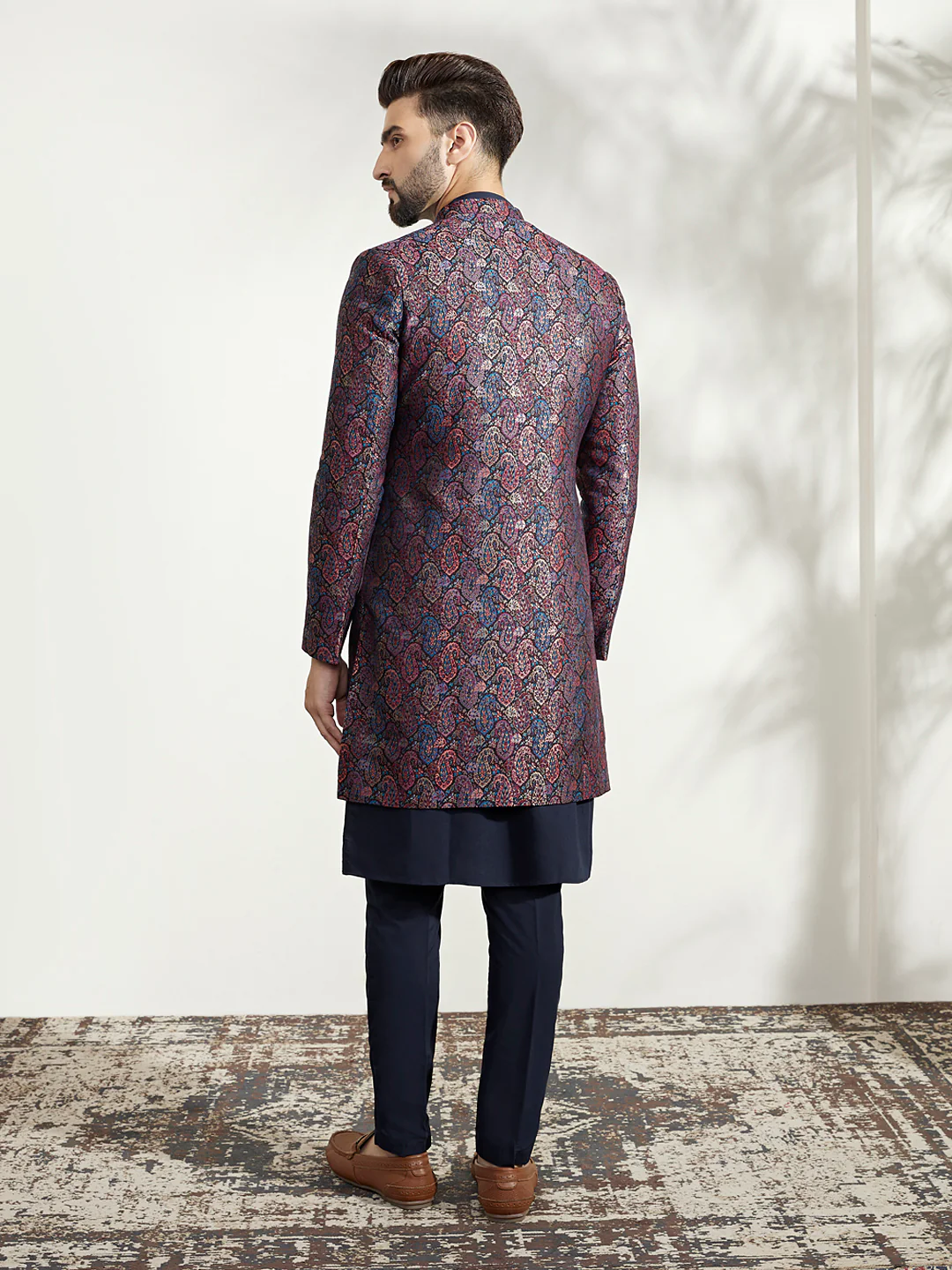 Navy Blue Silk Blend Indo-Western Sherwani Set with Jacquard Jacket, Kurta and Trousers – Regal Festive Ensemble - Image 4
