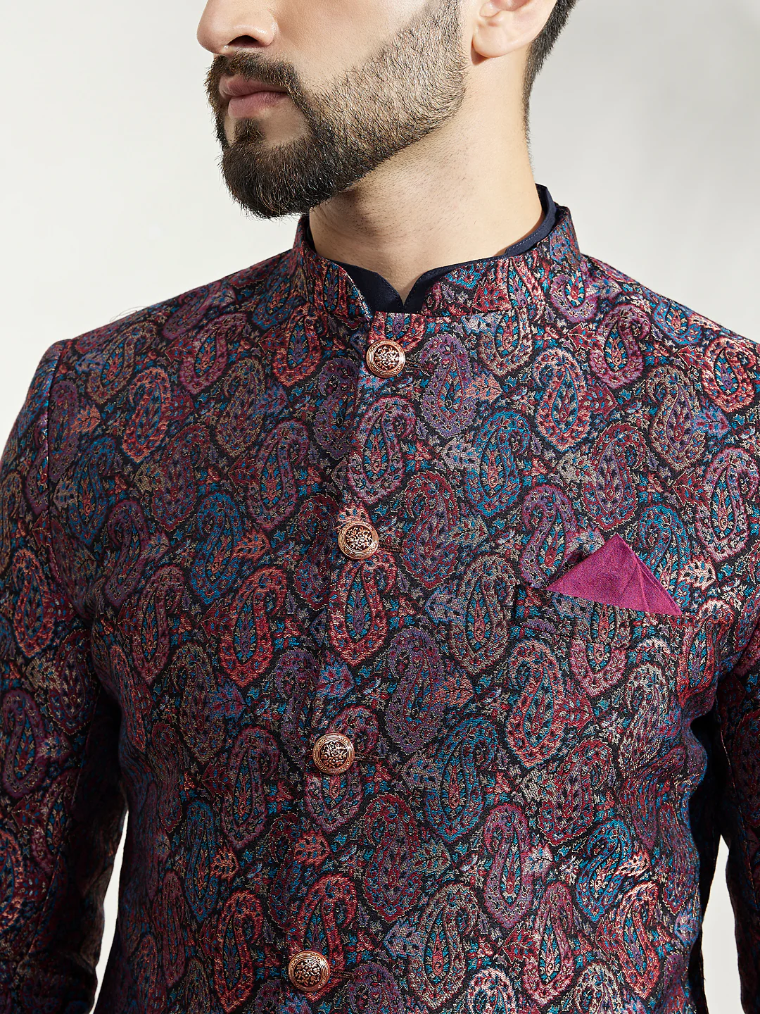 Navy Blue Silk Blend Indo-Western Sherwani Set with Jacquard Jacket, Kurta and Trousers – Regal Festive Ensemble - Image 6