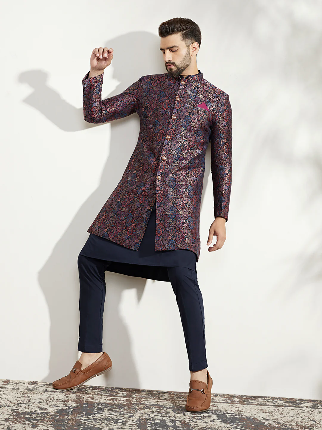 Navy Blue Silk Blend Indo-Western Sherwani Set with Jacquard Jacket, Kurta and Trousers – Regal Festive Ensemble - Image 8