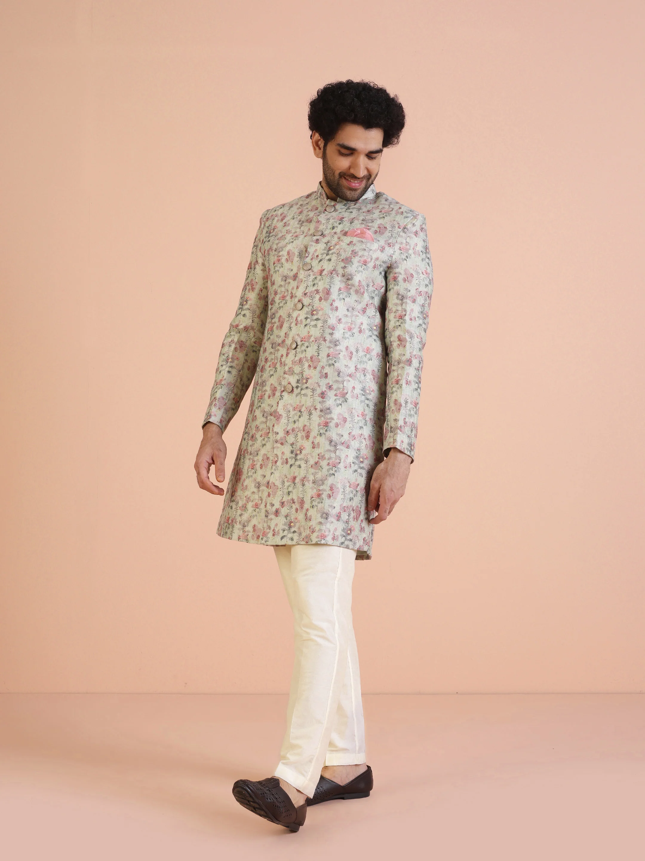 Beige Silk Blend Floral Printed Achkan Sherwani with Cream Trouser - Image 3