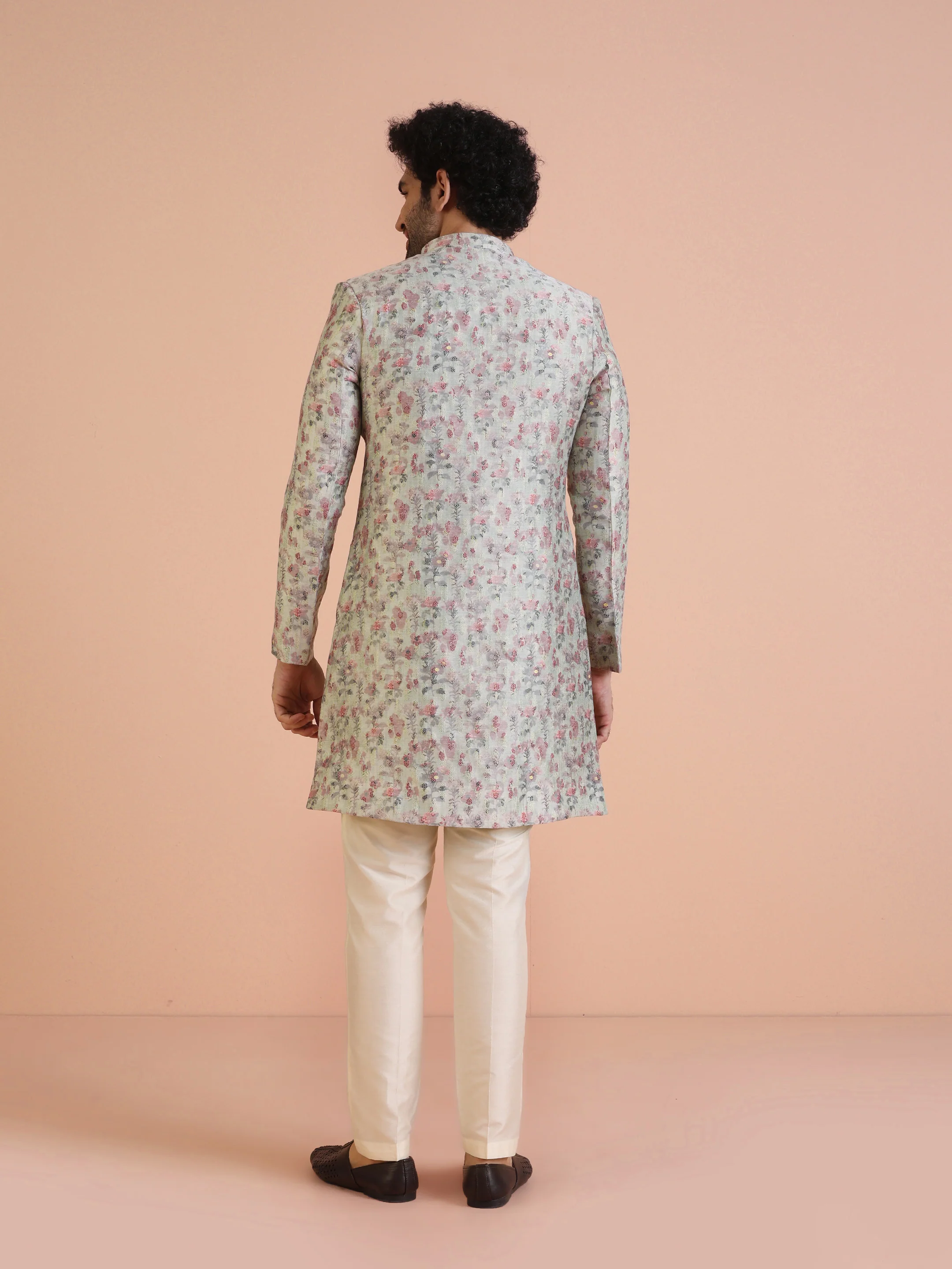 Beige Silk Blend Floral Printed Achkan Sherwani with Cream Trouser - Image 4