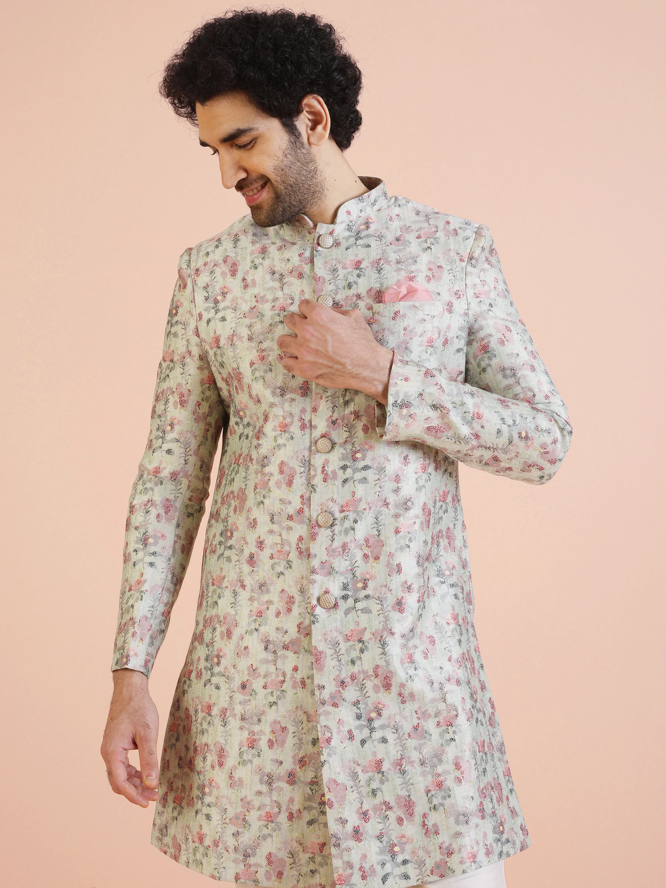 Beige Silk Blend Floral Printed Achkan Sherwani with Cream Trouser - Image 7