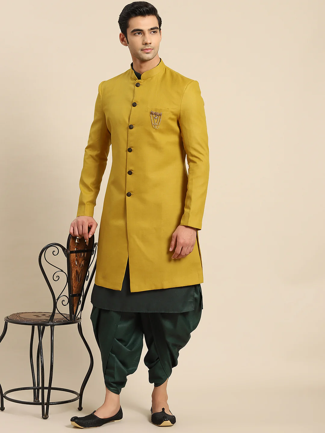 Men Mustard Yellow Solid Indowestern Churidar Set - Image 2