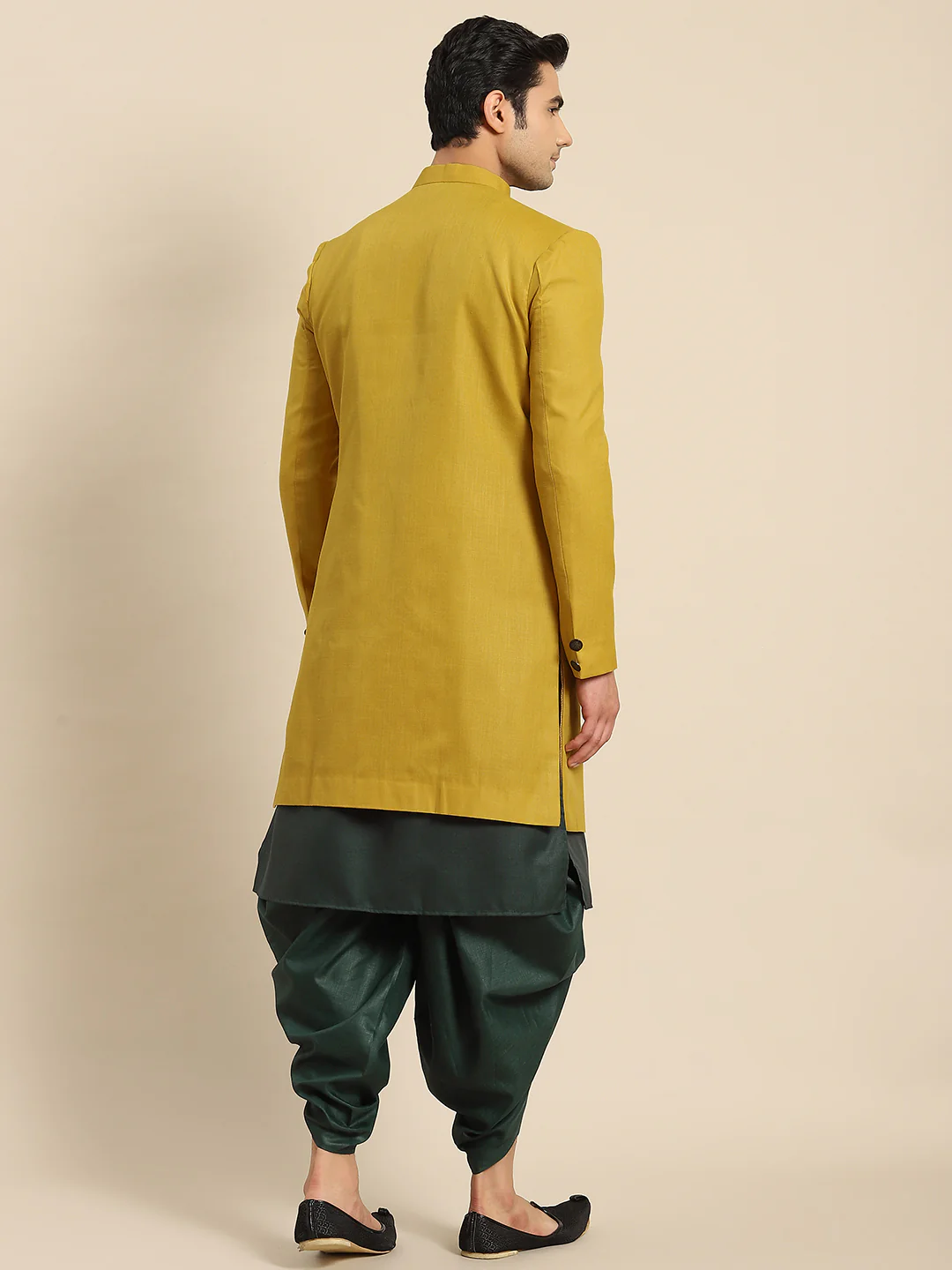 Men Mustard Yellow Solid Indowestern Churidar Set - Image 3