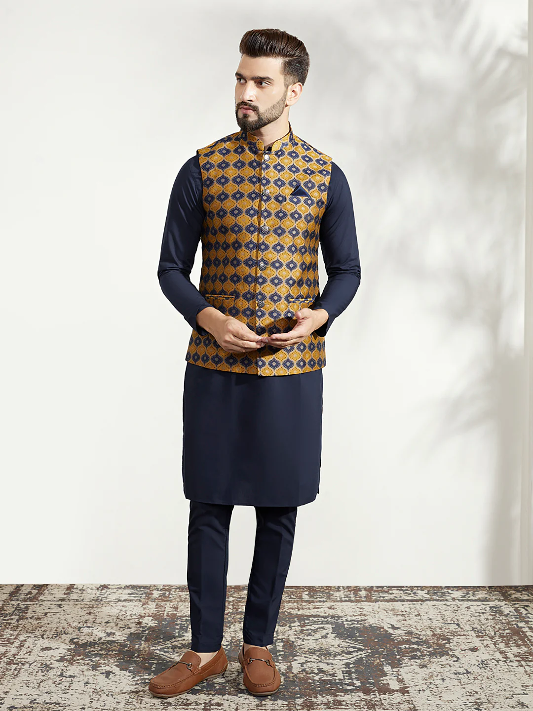 Mustard Jacquard Jacket Kurta Trouser Set