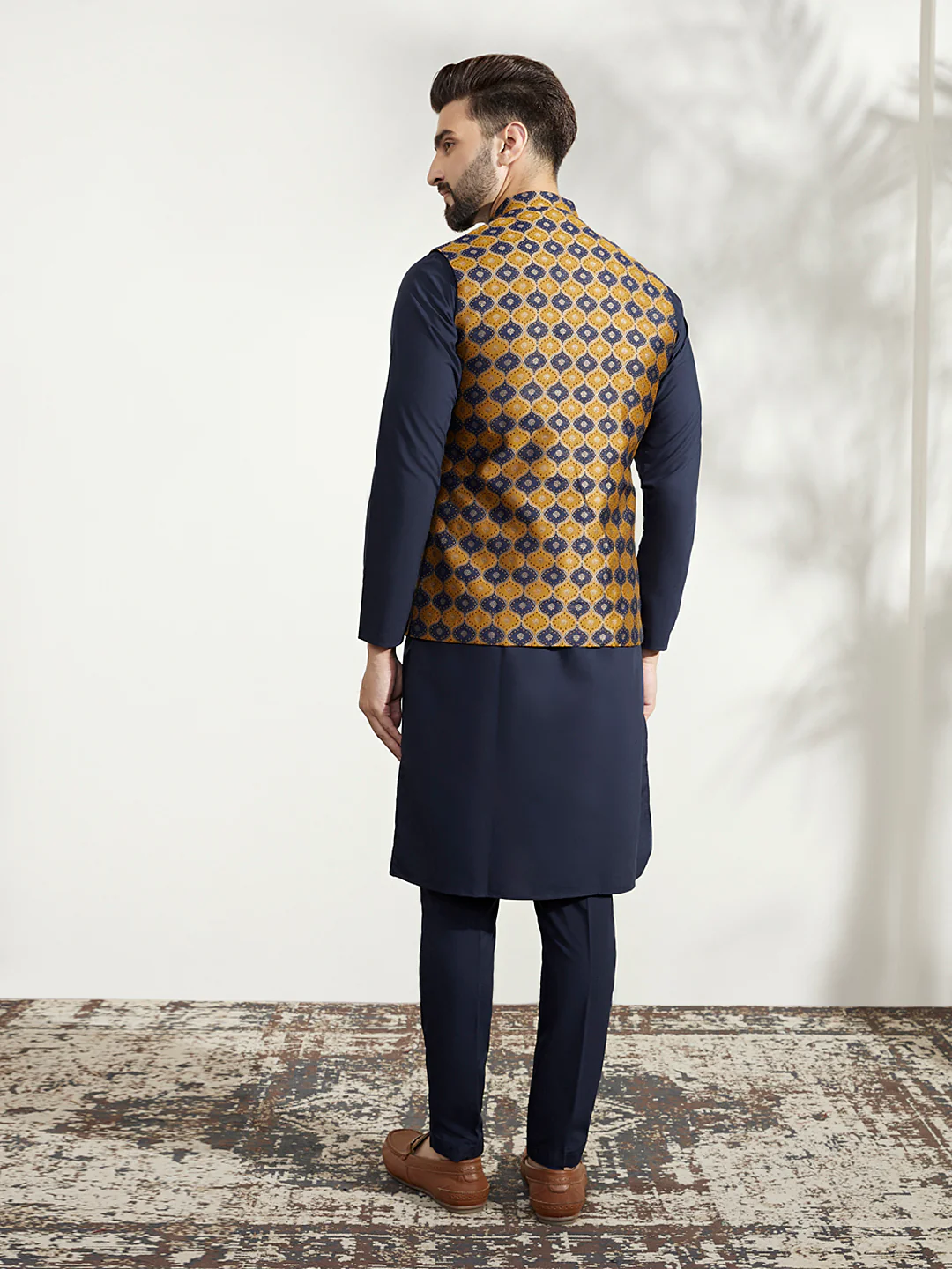 Mustard Jacquard Jacket Kurta Trouser Set - Image 4
