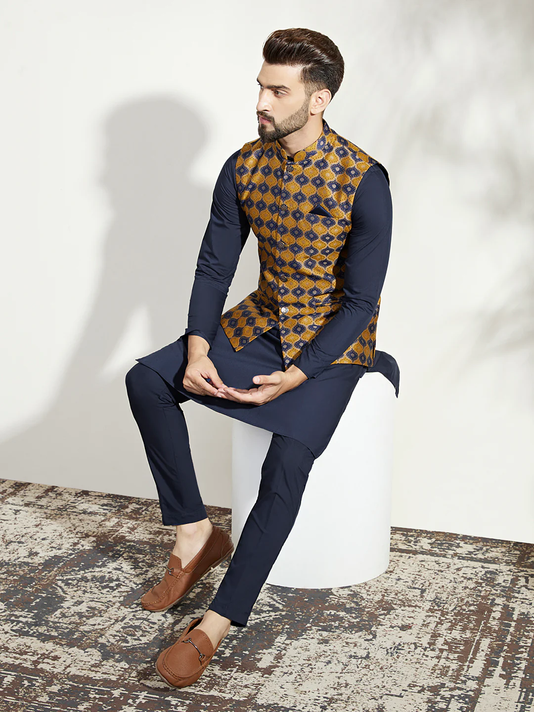 Mustard Jacquard Jacket Kurta Trouser Set - Image 8