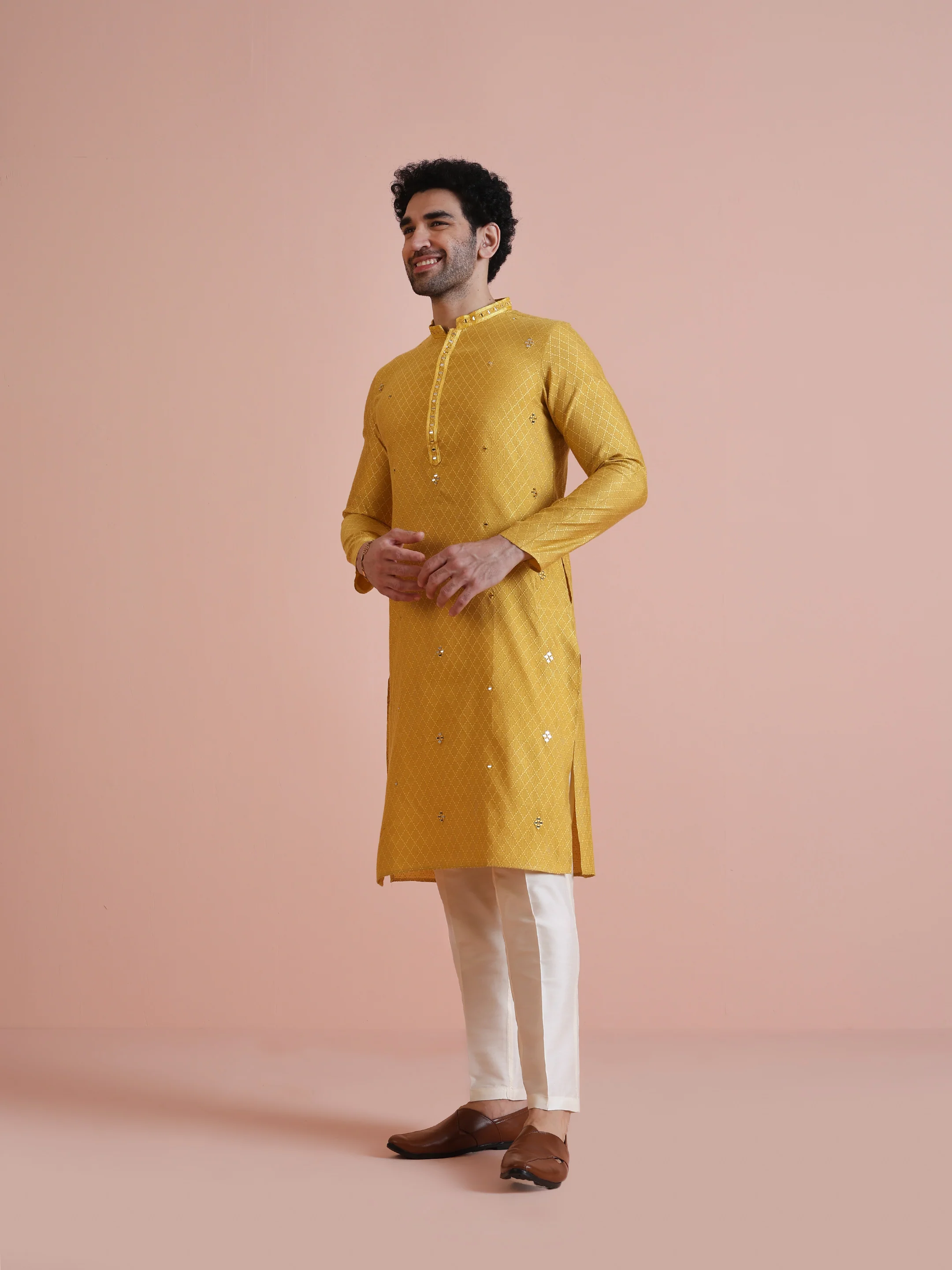 Golden Yellow Silk Mirror Work Kurta - Image 3