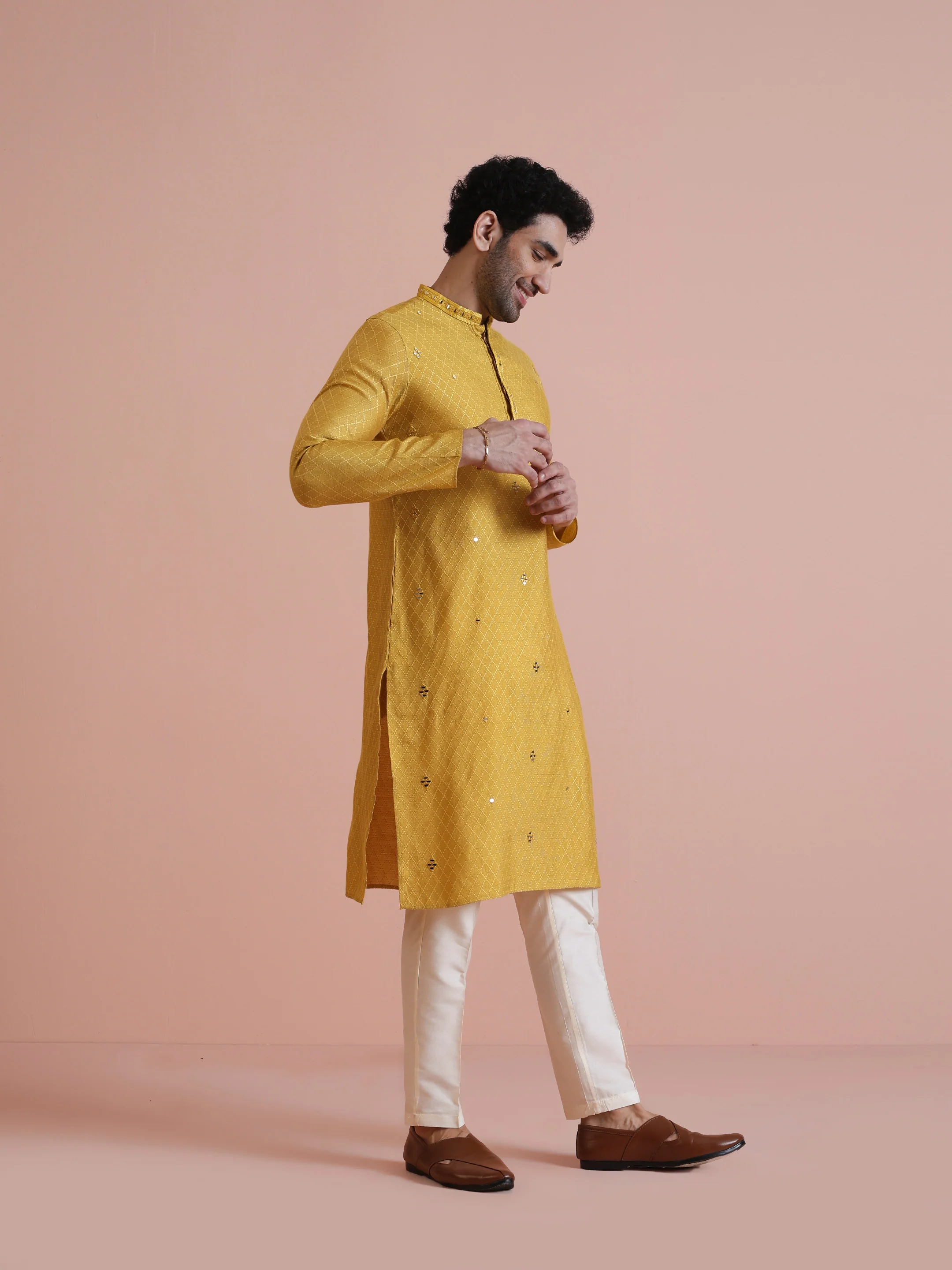 Golden Yellow Silk Mirror Work Kurta - Image 4