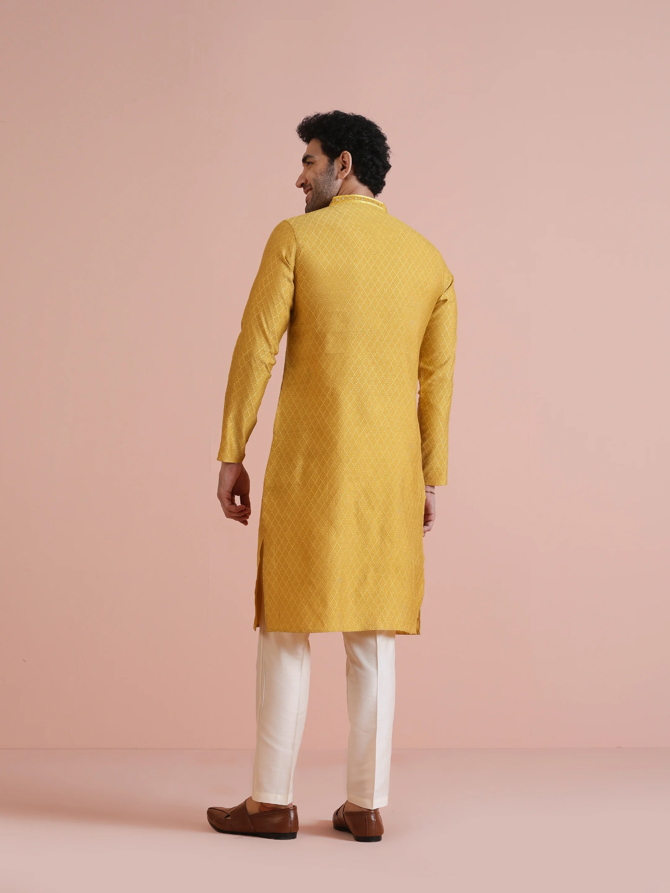 Golden Yellow Silk Mirror Work Kurta - Image 5