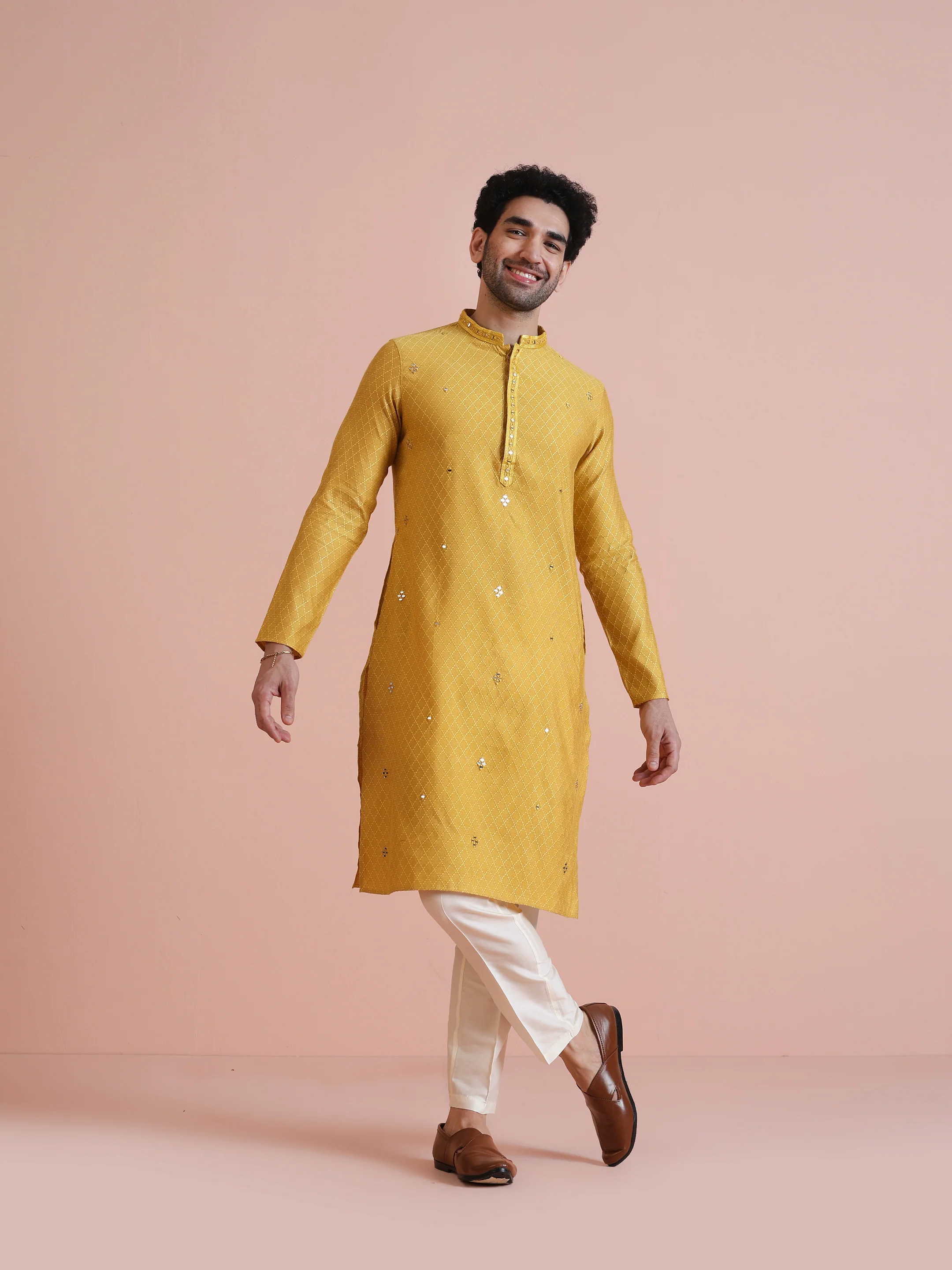 Golden Yellow Silk Mirror Work Kurta - Image 6