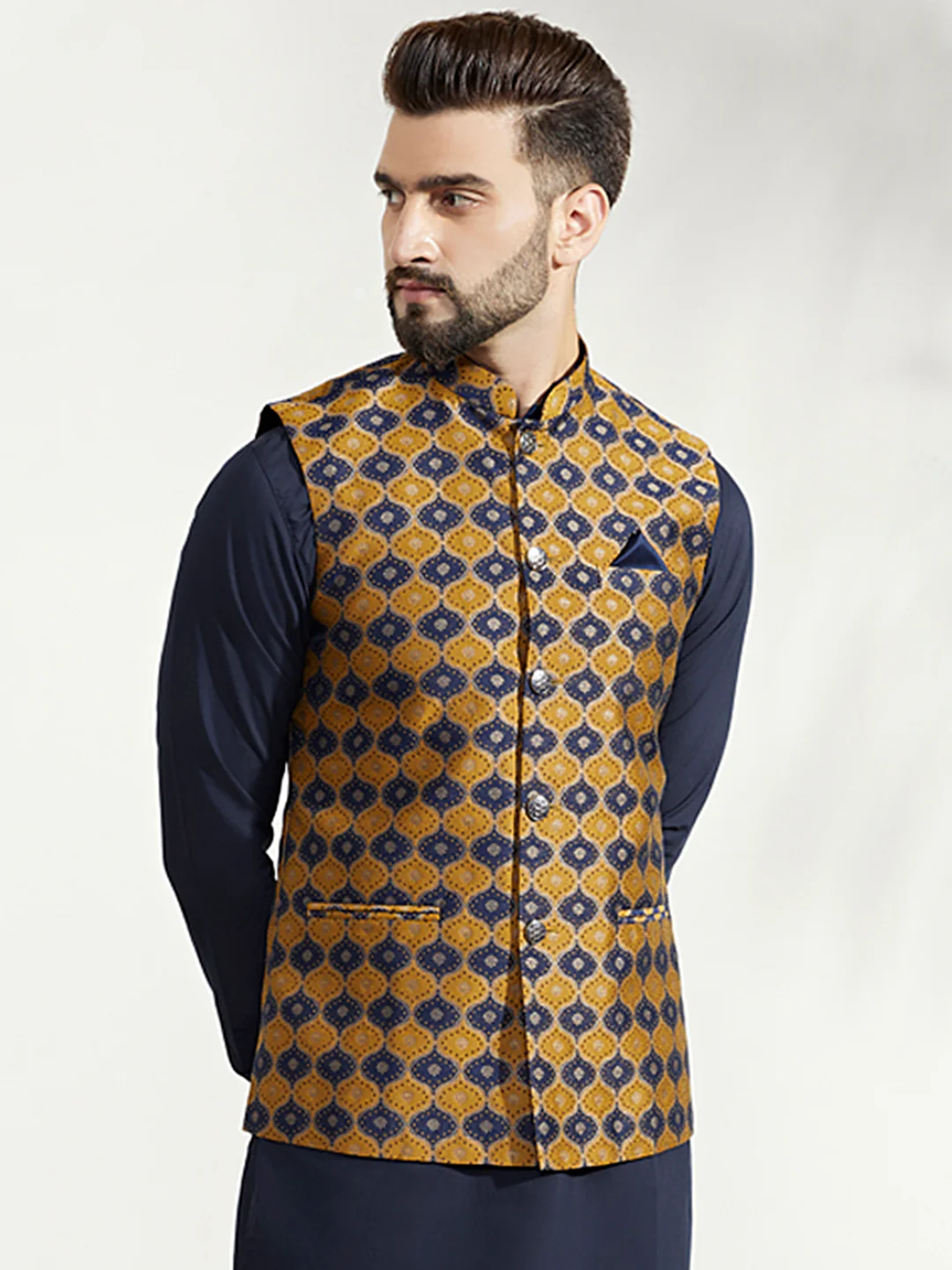 Mustard Navy Cotton Silk Textured Nehru Jacket - Image 2
