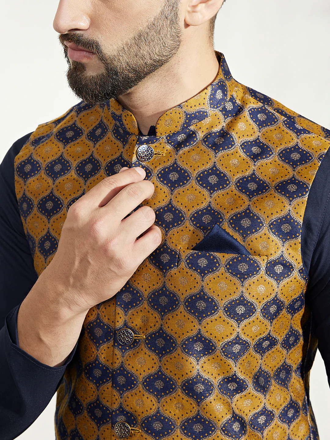 Mustard Navy Cotton Silk Textured Nehru Jacket - Image 5