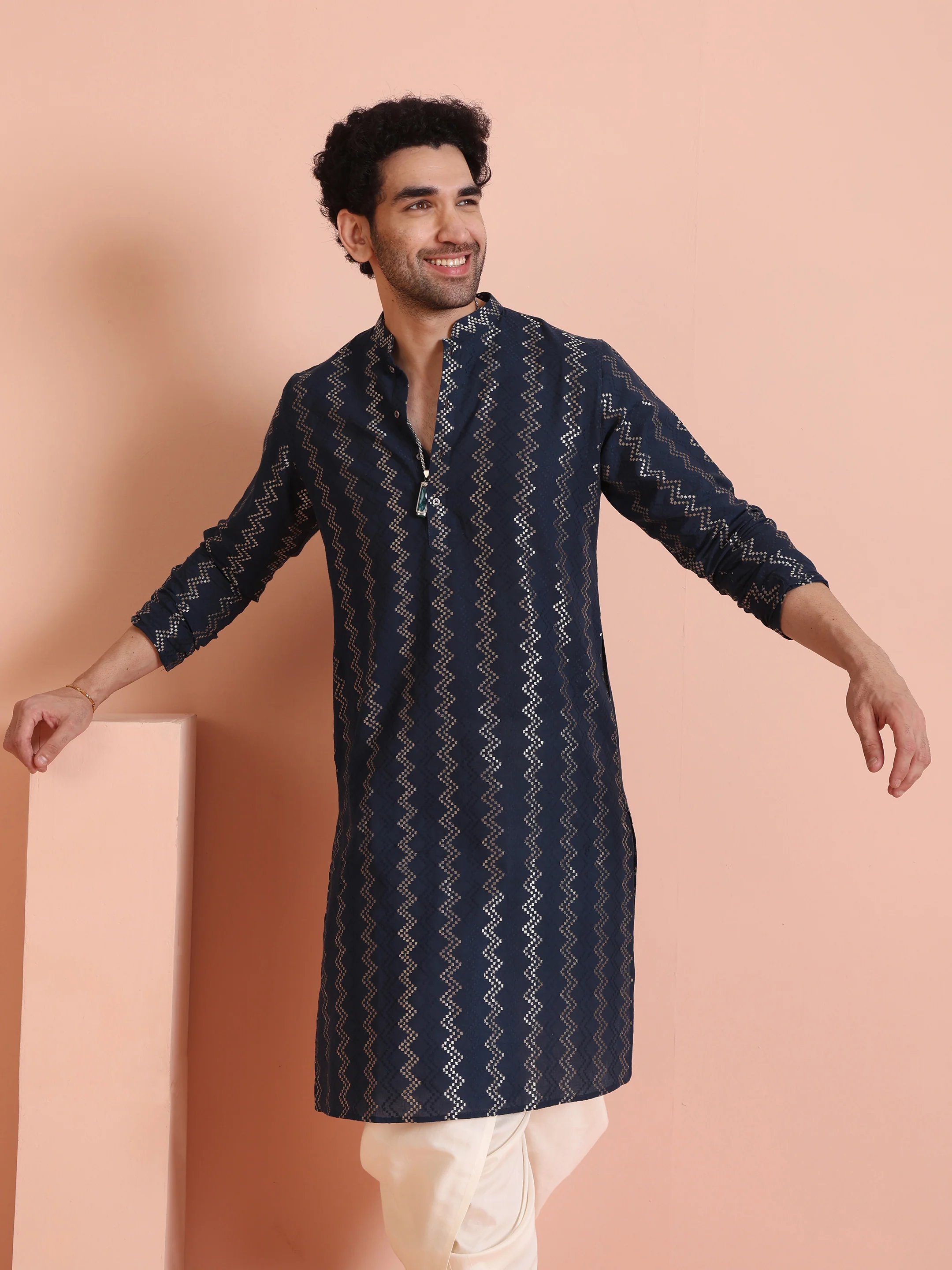 Men Navy Blue Chevron Textured Kurta Dhoti Set - Image 8