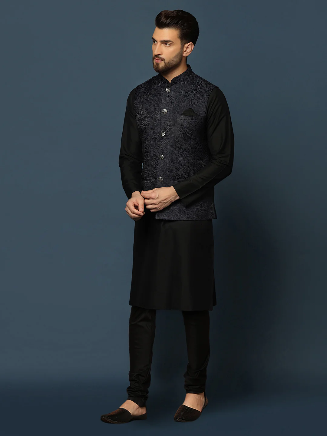 Black Silk Textured Nehru Jacket Kurta Churidar - Image 3