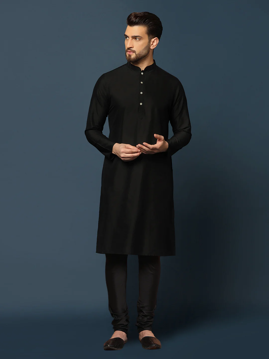 Black Silk Textured Nehru Jacket Kurta Churidar - Image 5
