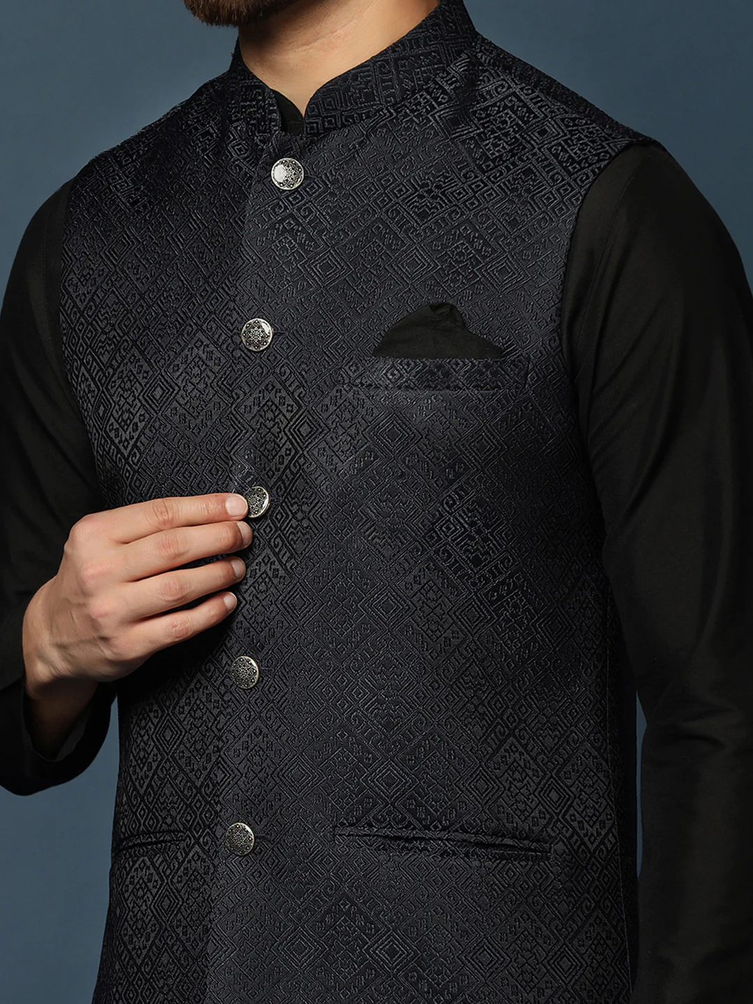 Black Silk Textured Nehru Jacket Kurta Churidar - Image 6