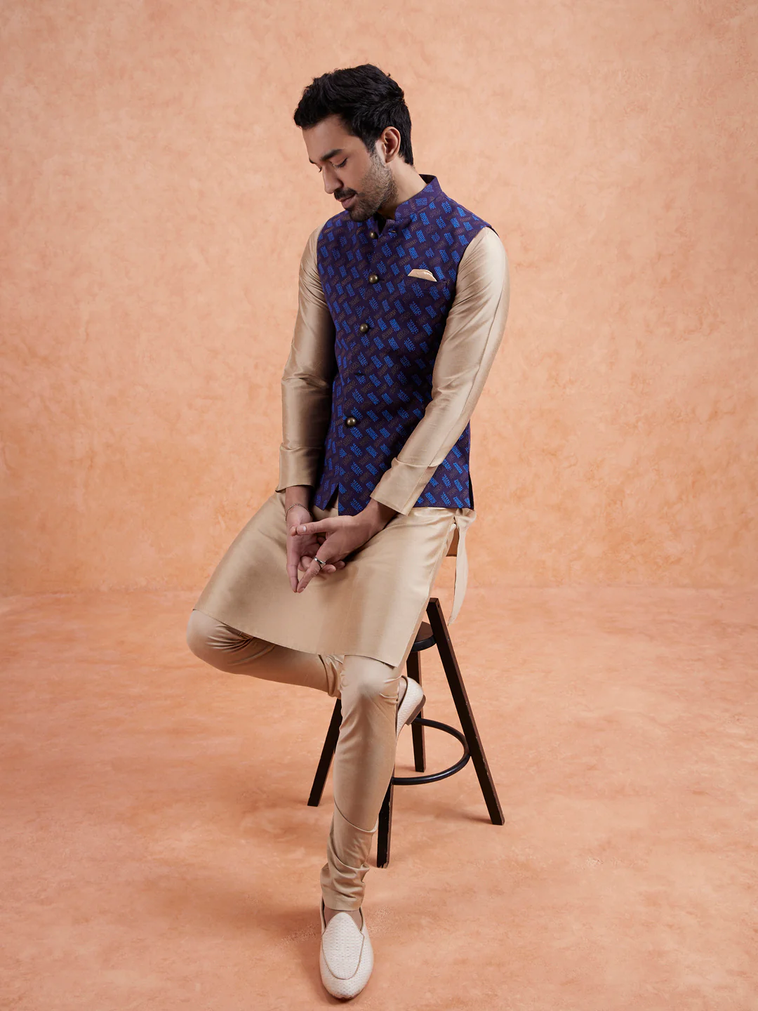 Navy Jacket Beige Kurta Churidar Set