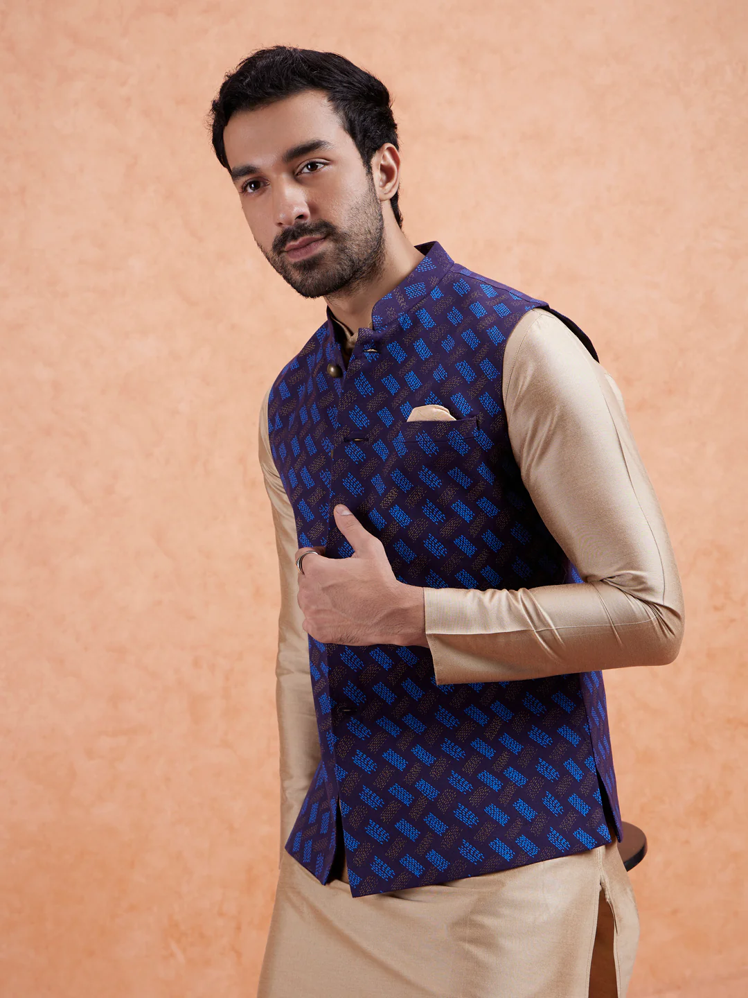 Navy Jacket Beige Kurta Churidar Set - Image 4